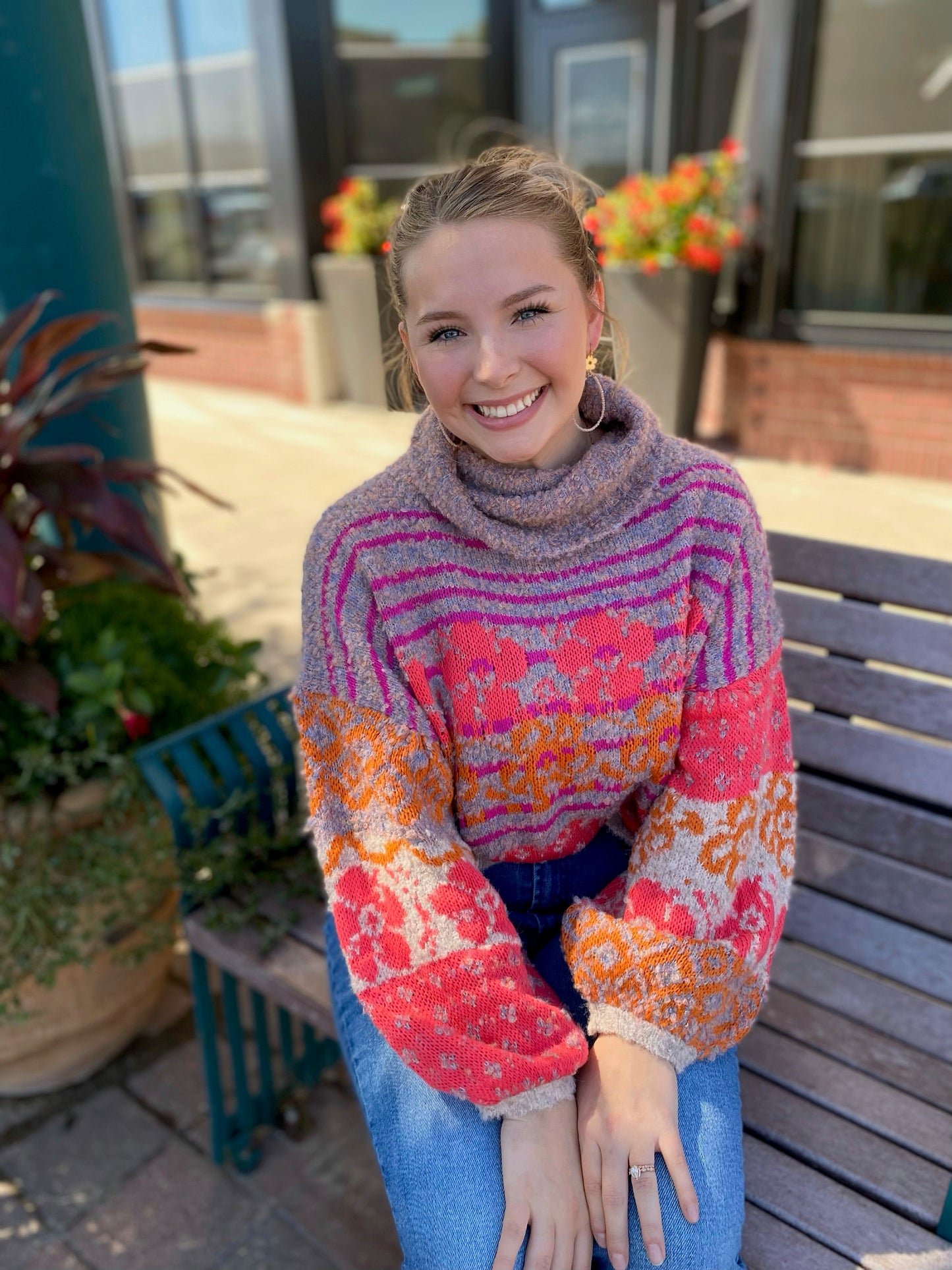 Cozy Weekend Oatmeal Multi Floral Turtle Neck Sweater