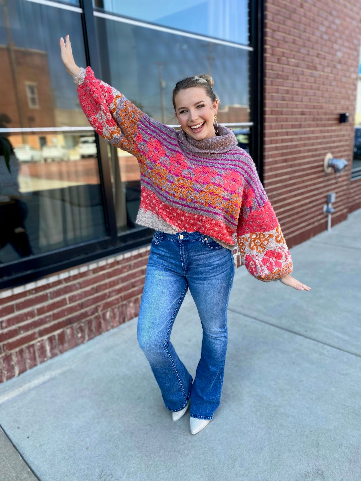 Cozy Weekend Oatmeal Multi Floral Turtle Neck Sweater