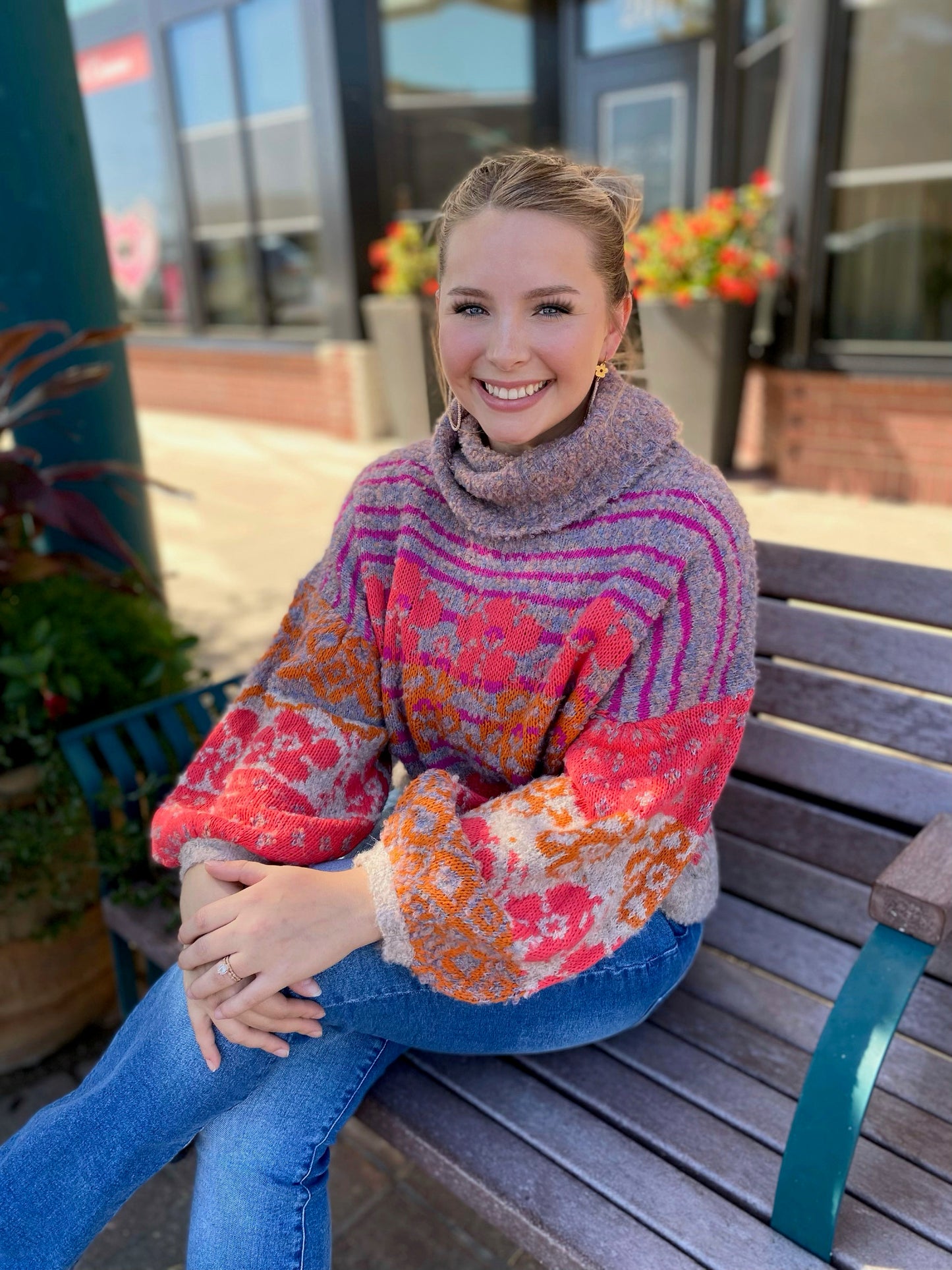 Cozy Weekend Oatmeal Multi Floral Turtle Neck Sweater