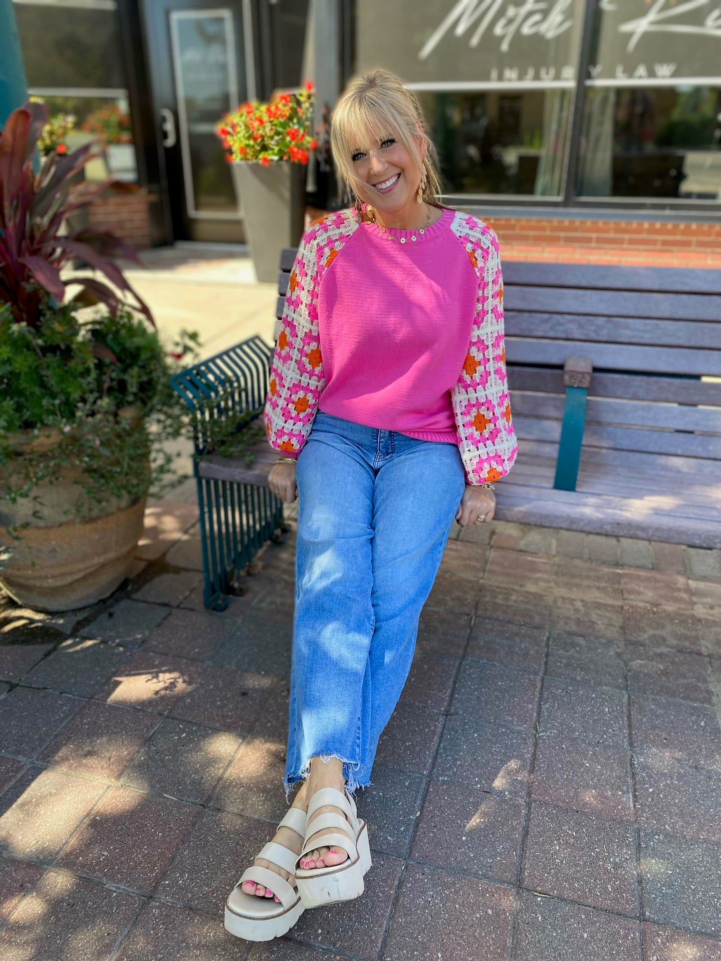 Made For Me Pink Knit Crochet Flower Sleeve Sweater