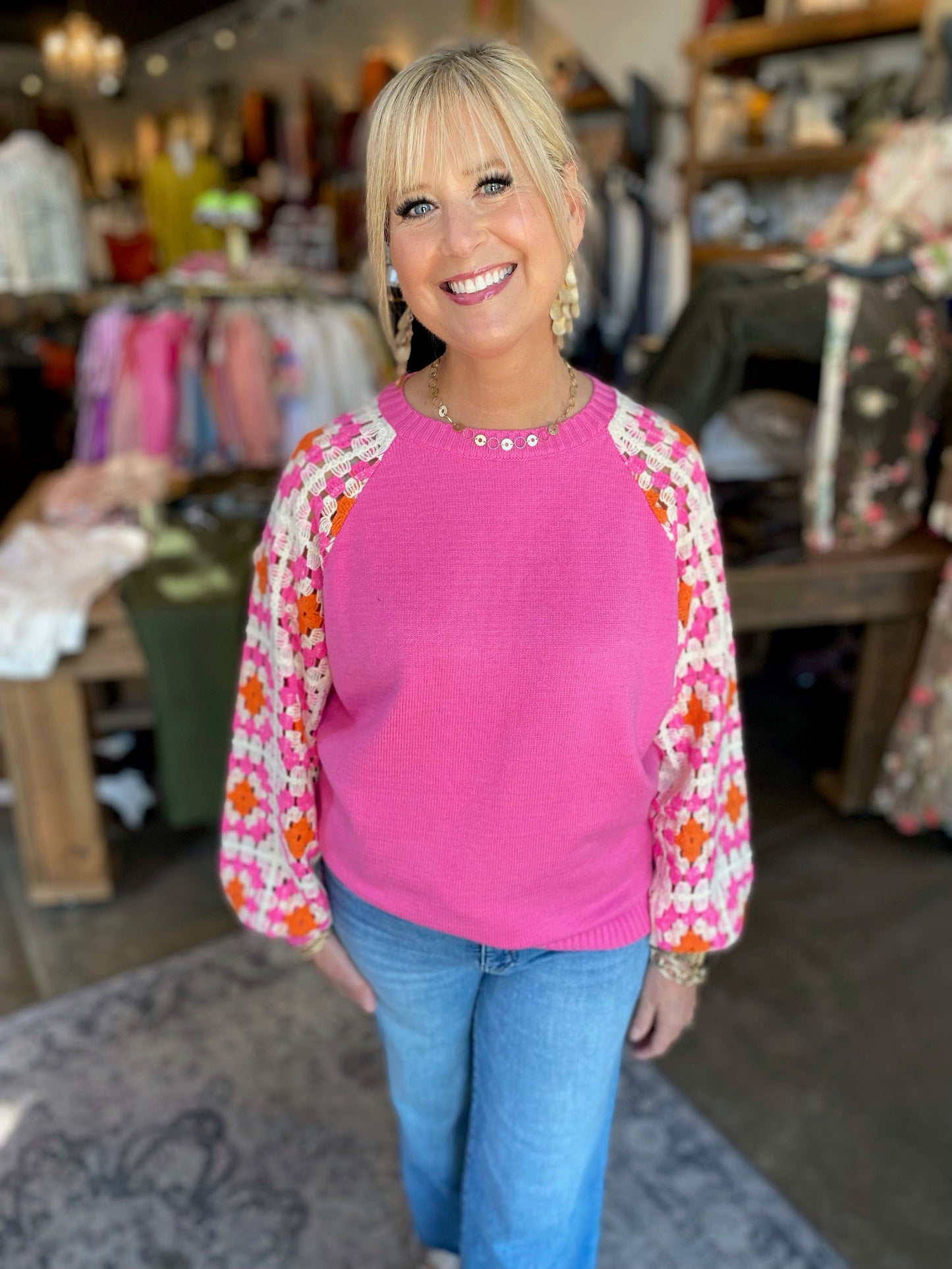 Made For Me Pink Knit Crochet Flower Sleeve Sweater
