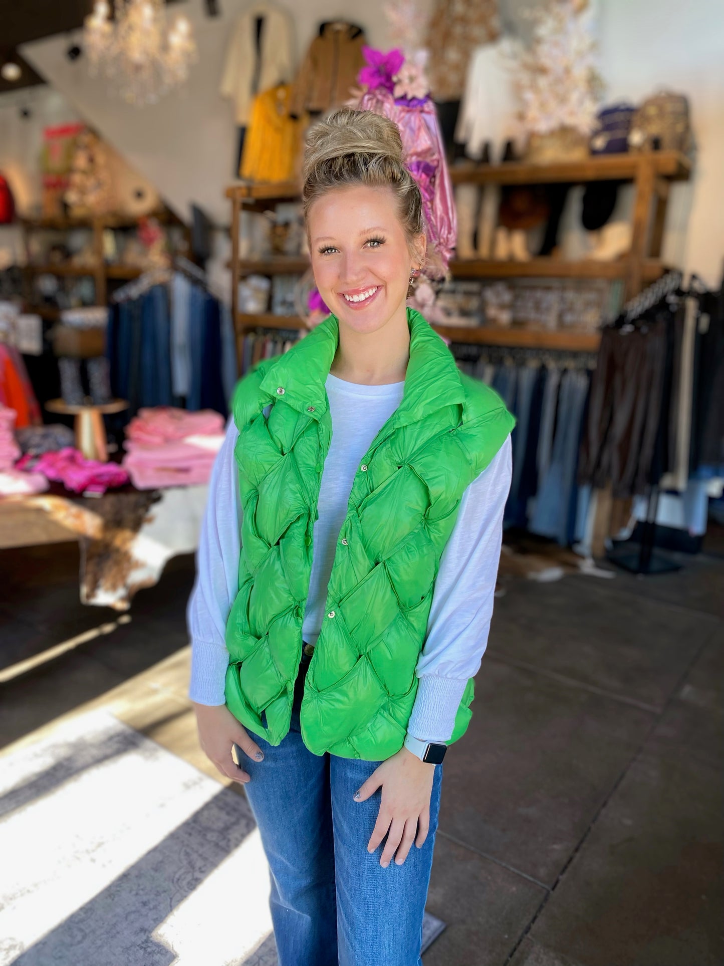 In A Bubble Puffer Vest in Apple Green