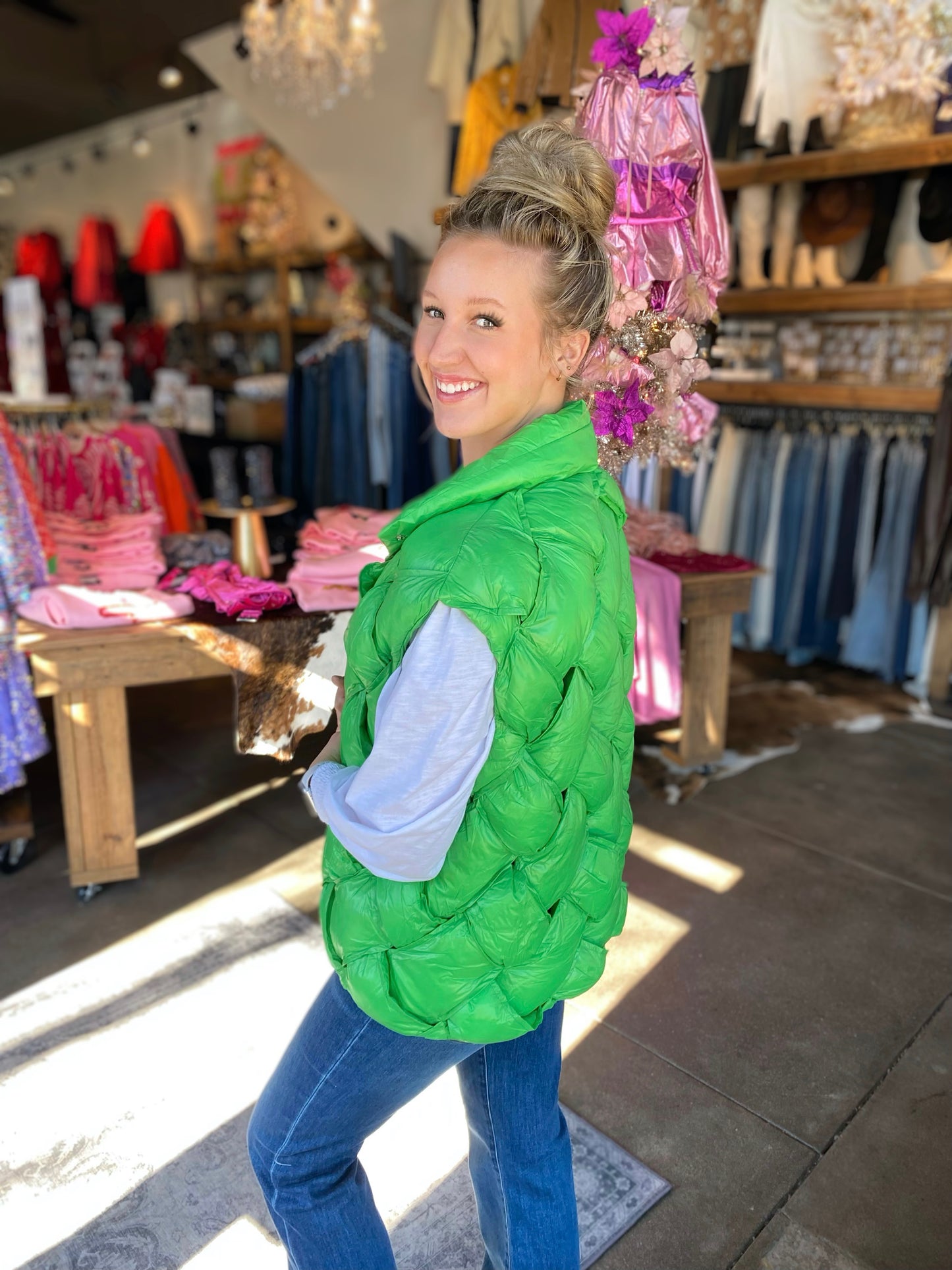 In A Bubble Puffer Vest in Apple Green