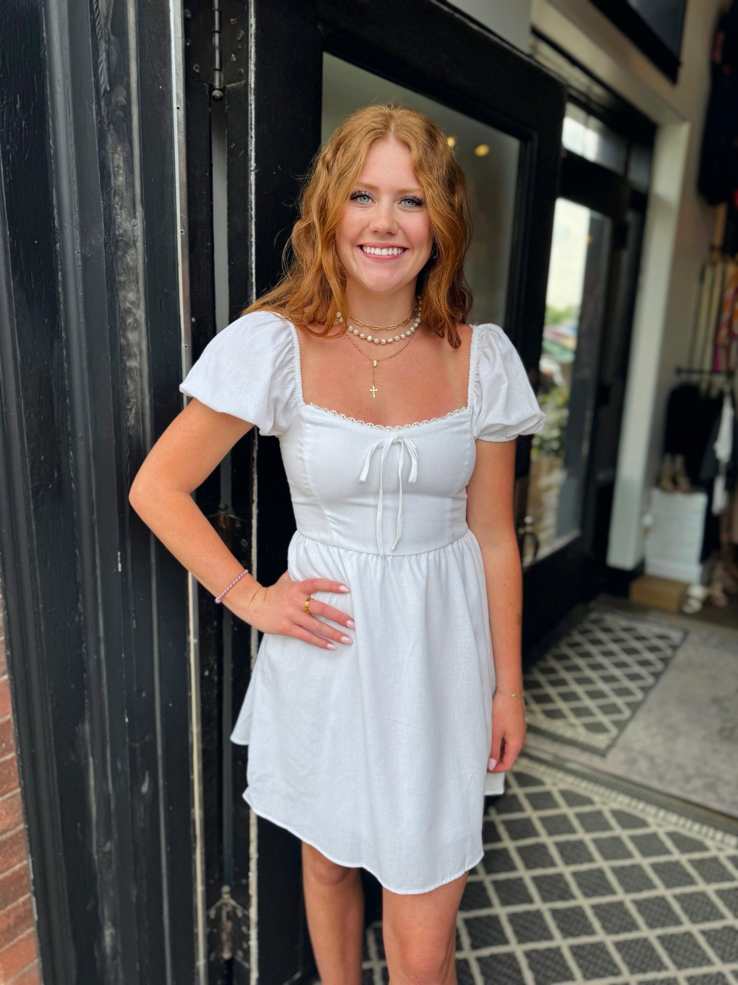 White Princess Puff Sleeve Lace Trim Dress