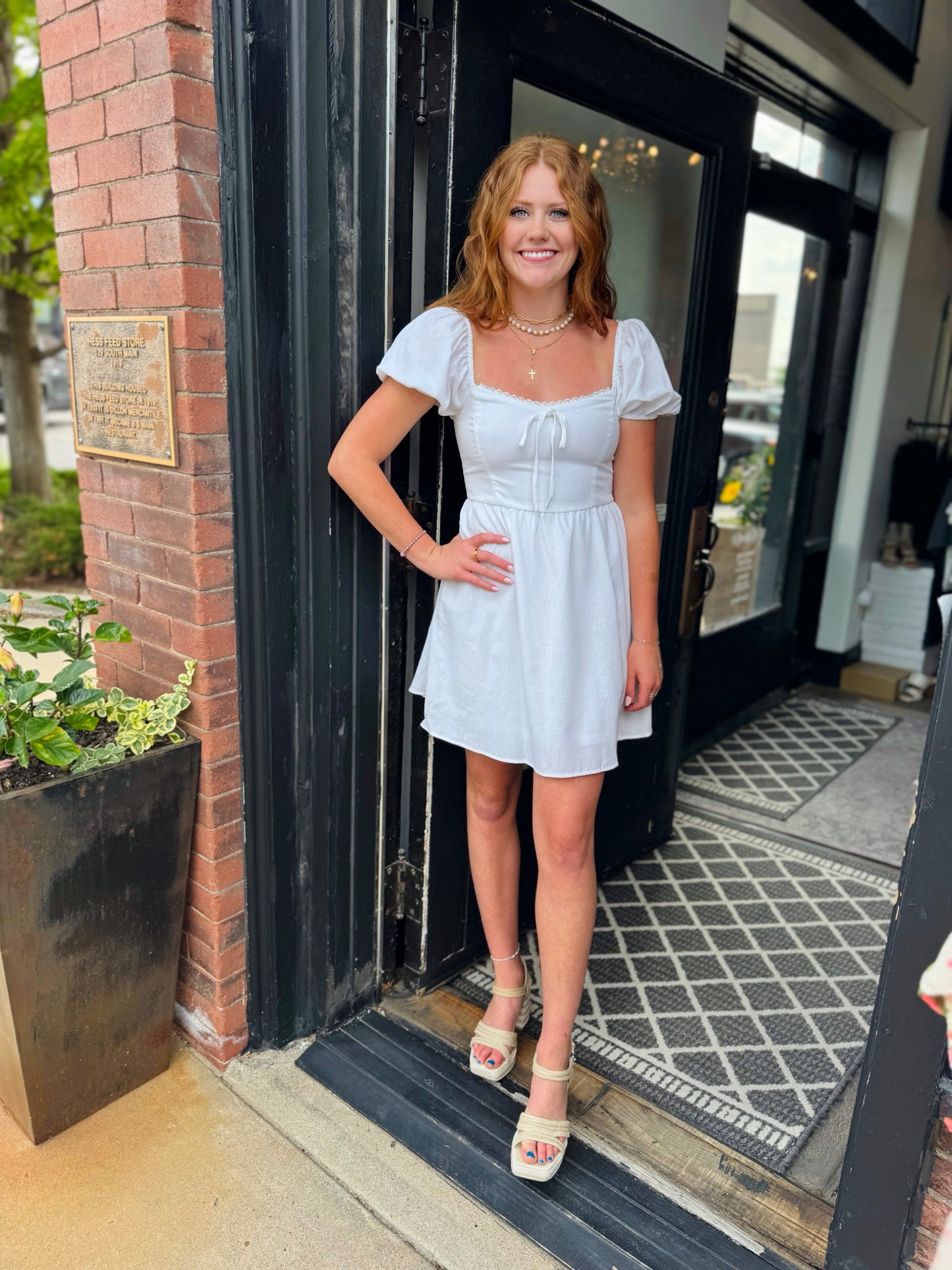 White Princess Puff Sleeve Lace Trim Dress