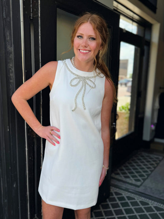English Factory Off White Sleeveless Rhinestone Bow Mini Dress