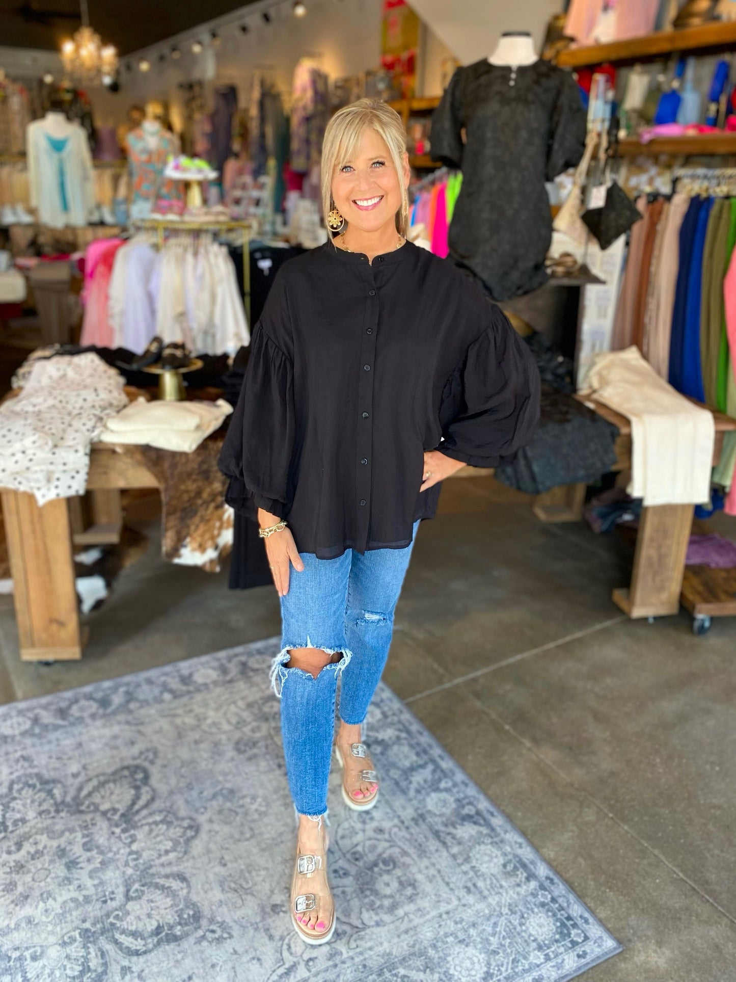 Sierra Black Puff Sleeve Button Down Shirt