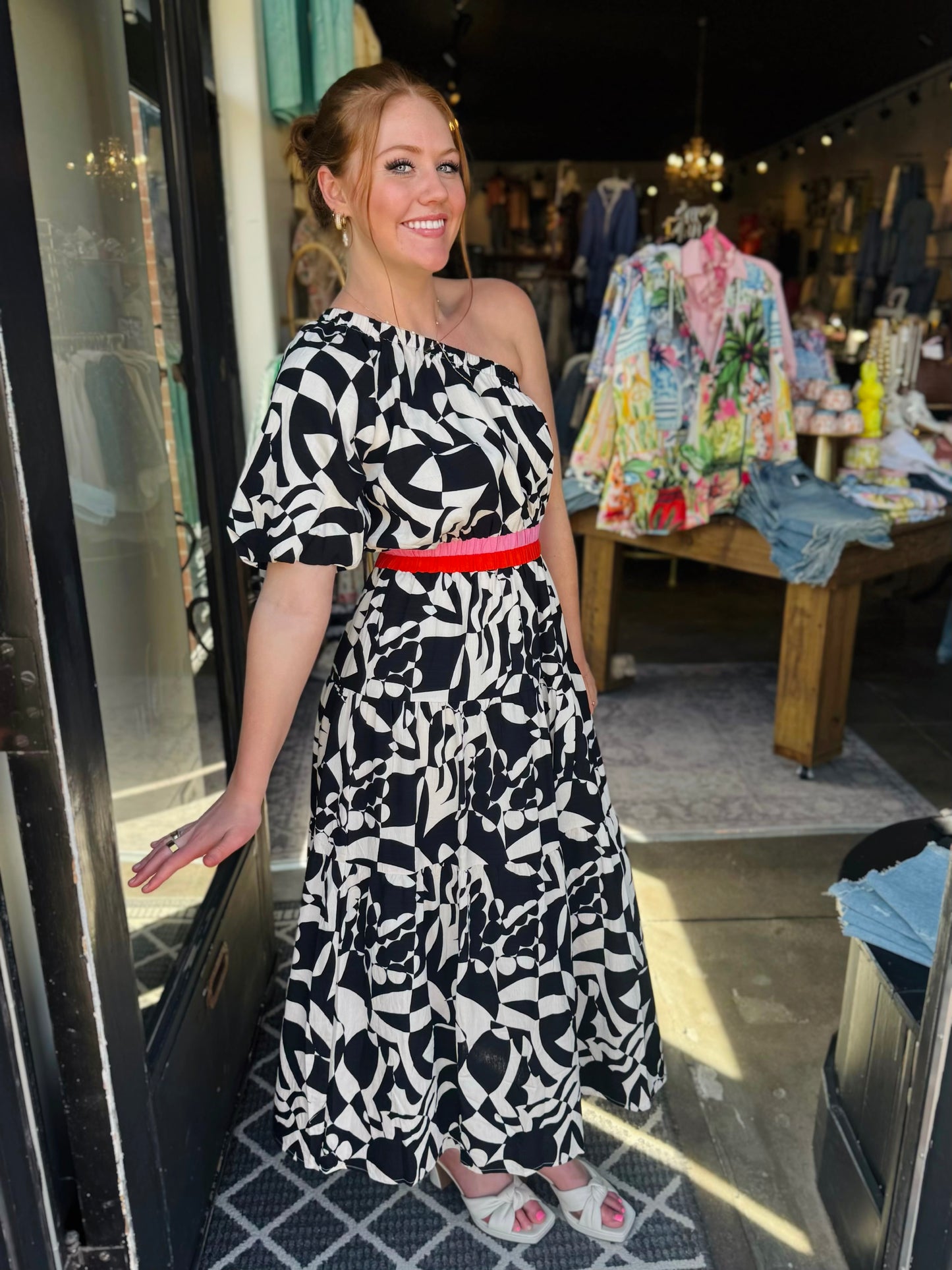Black White One Shoulder Pattern Maxi Dress