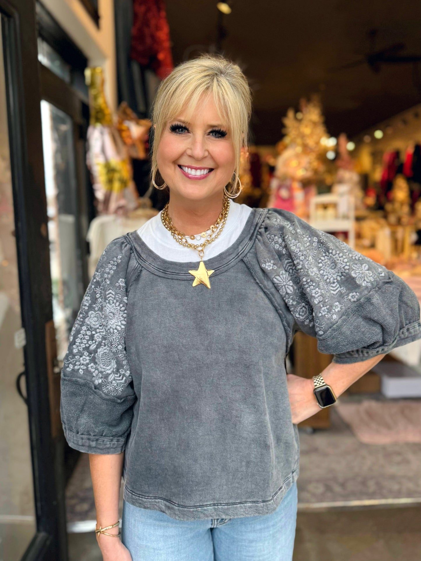 Ivy Jane Charcoal Embroidered Floral Knit Top