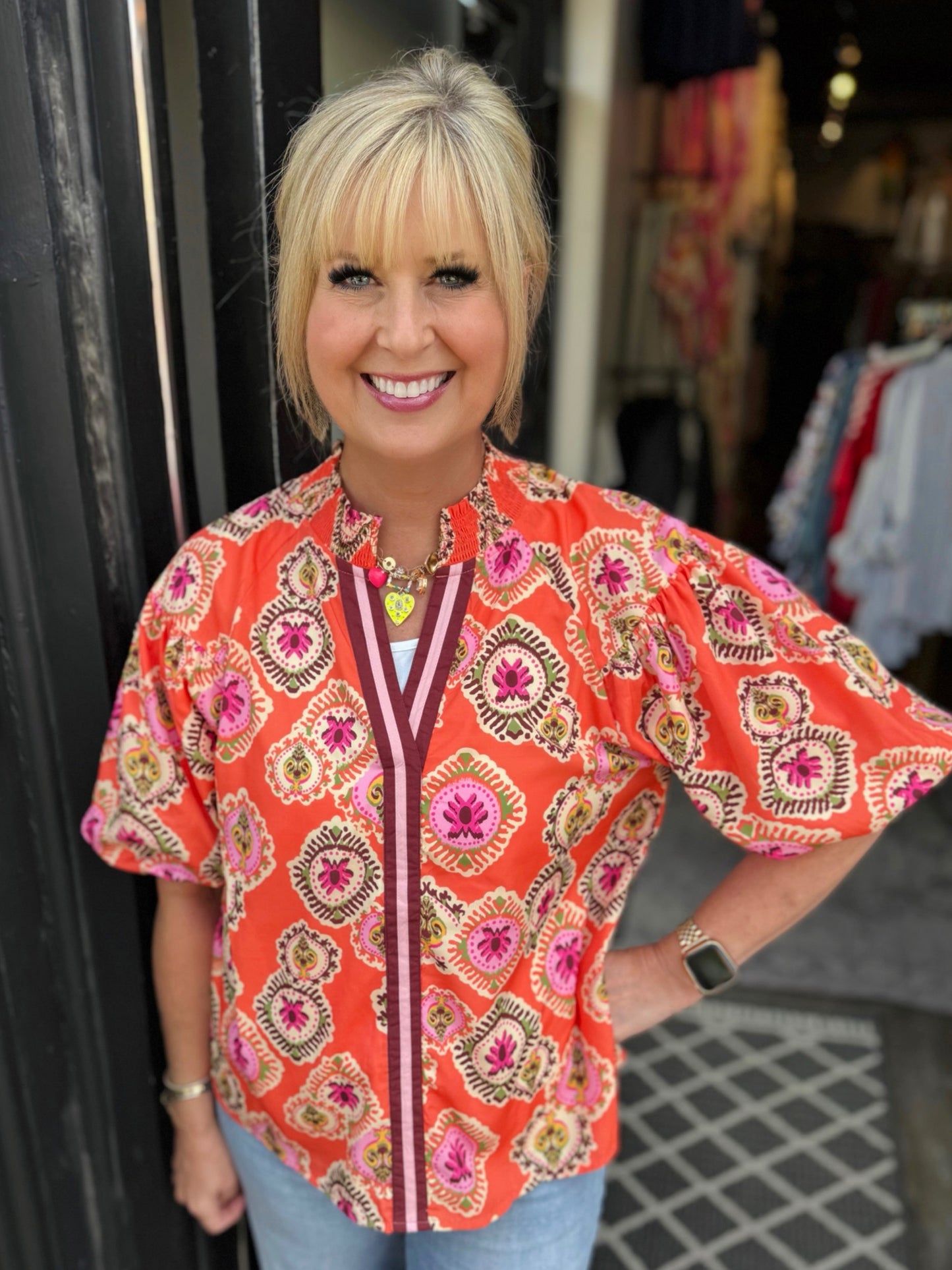 Orange Paisley Print Puff Sleeve Top
