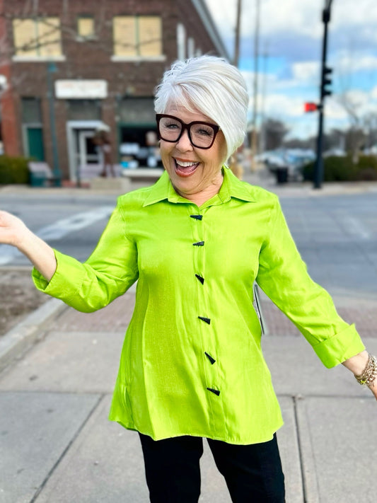 Multiples Keylime Button Front Blouse
