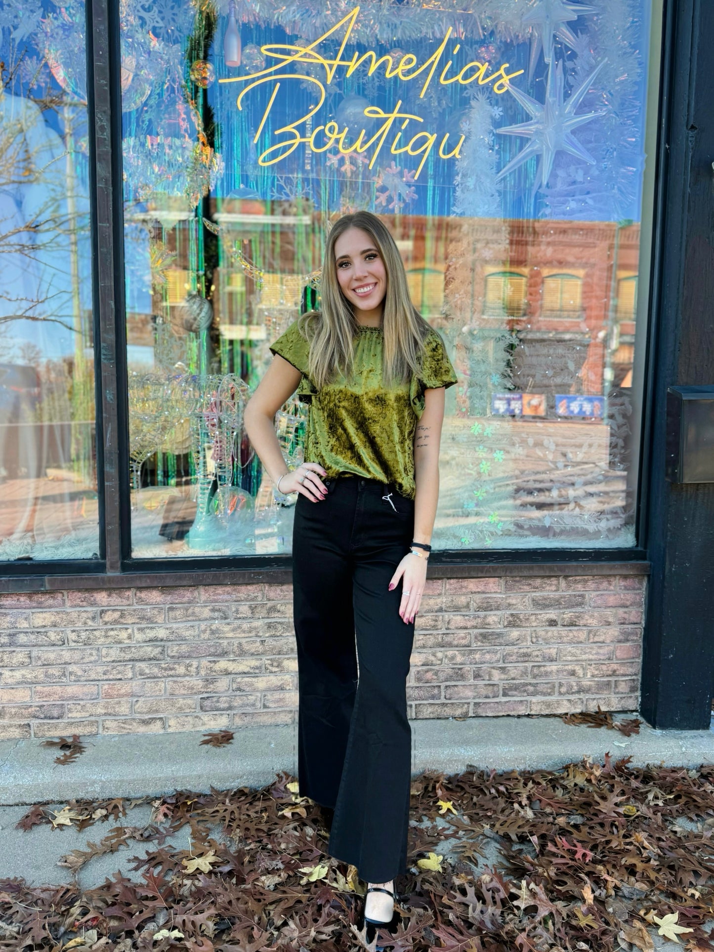 Ivy Jane Olive Velvet Flounce Top
