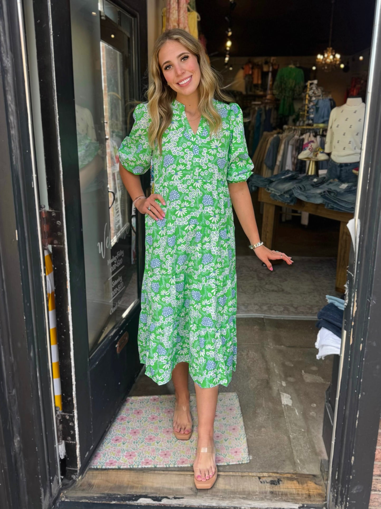 MARY SQUARE CAMERON DRESS GREEN DAISY CHAIN