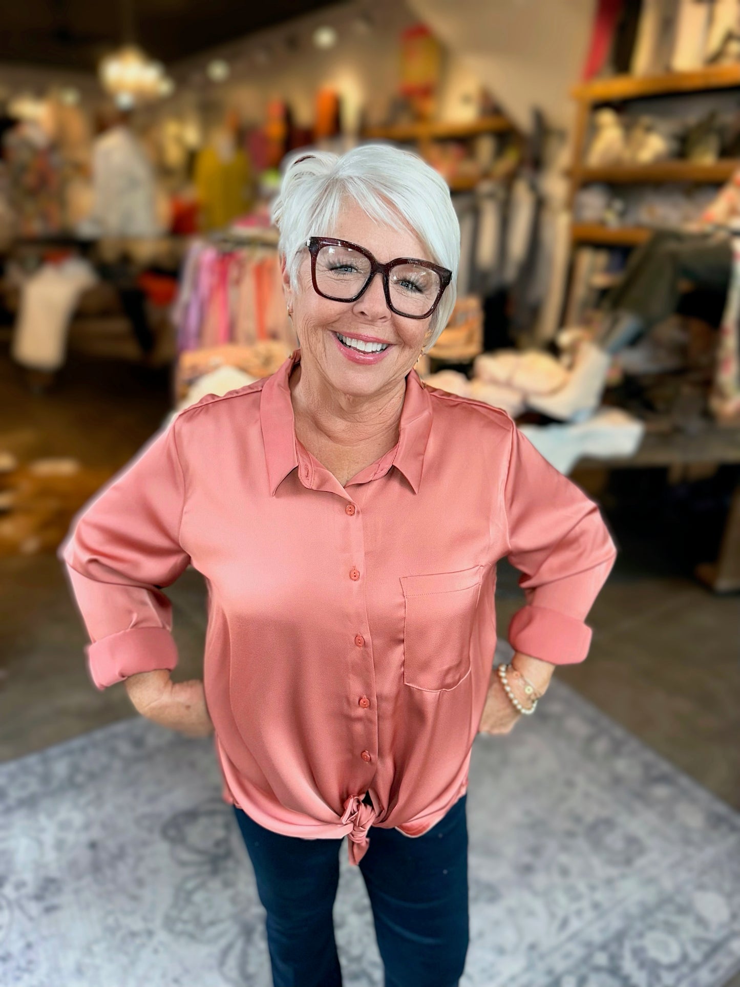 terra cotta plus size satin button down blouse