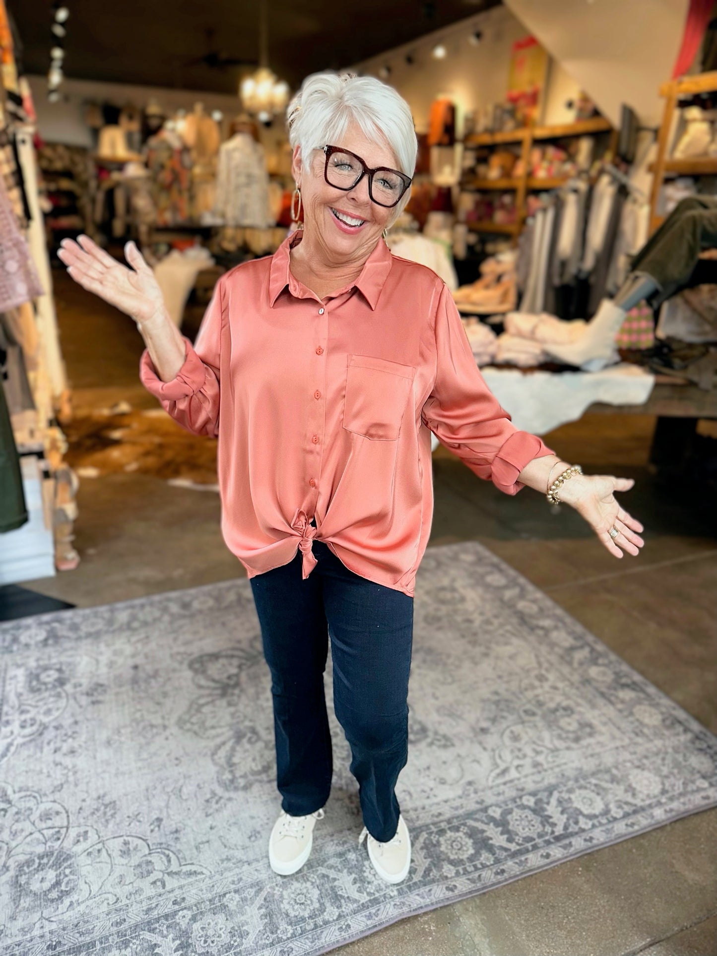 terra cotta plus size satin button down blouse
