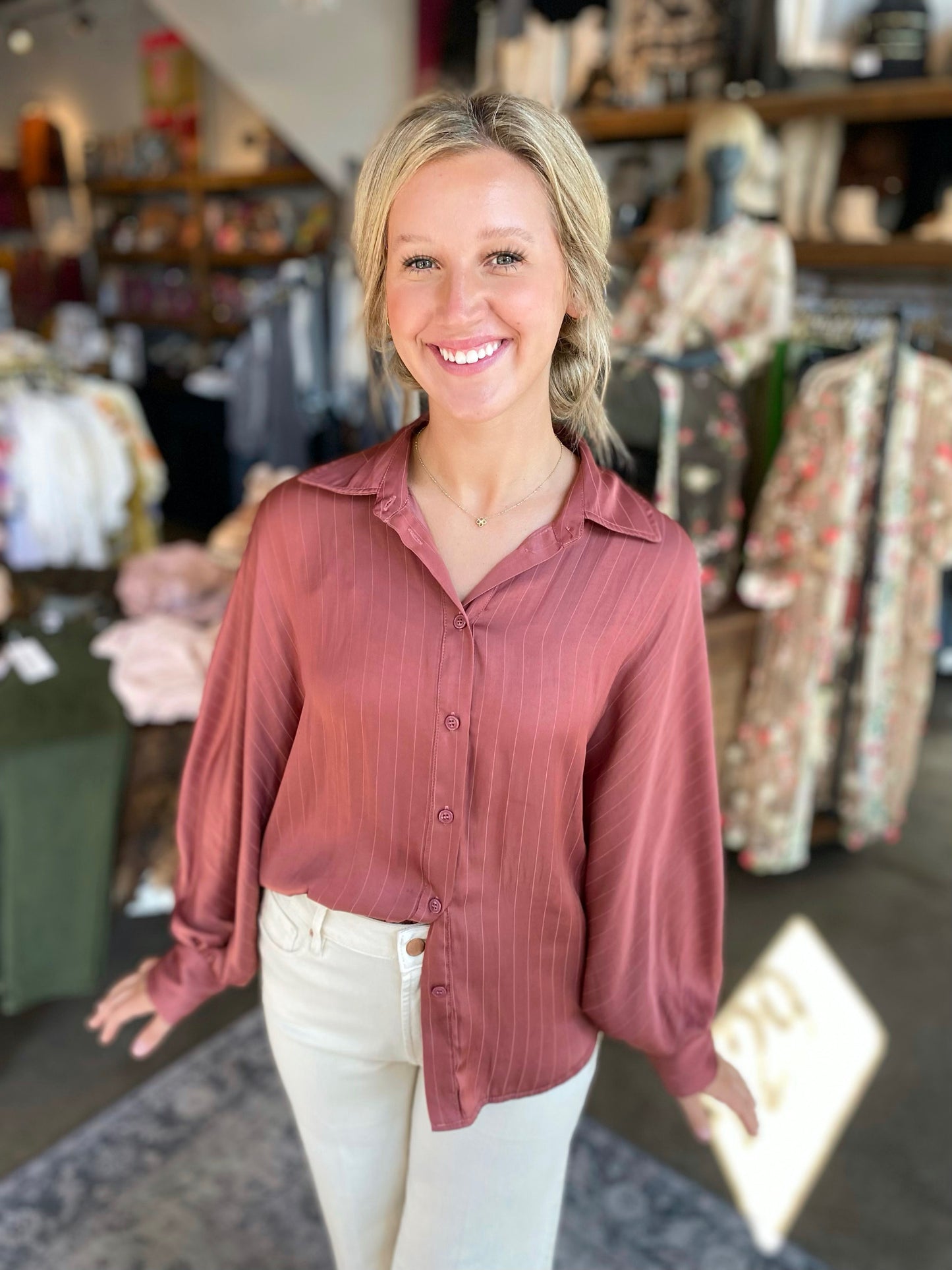 mauve voluminous sleeve blouse