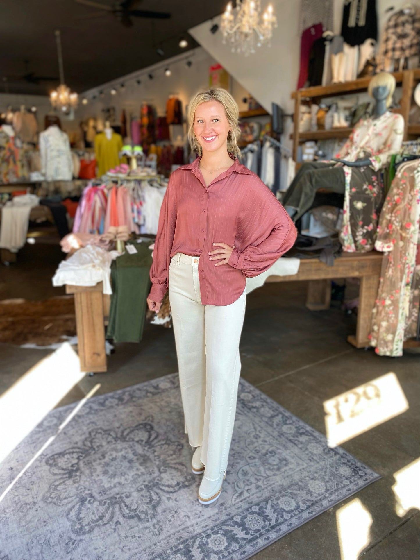 mauve voluminous sleeve blouse