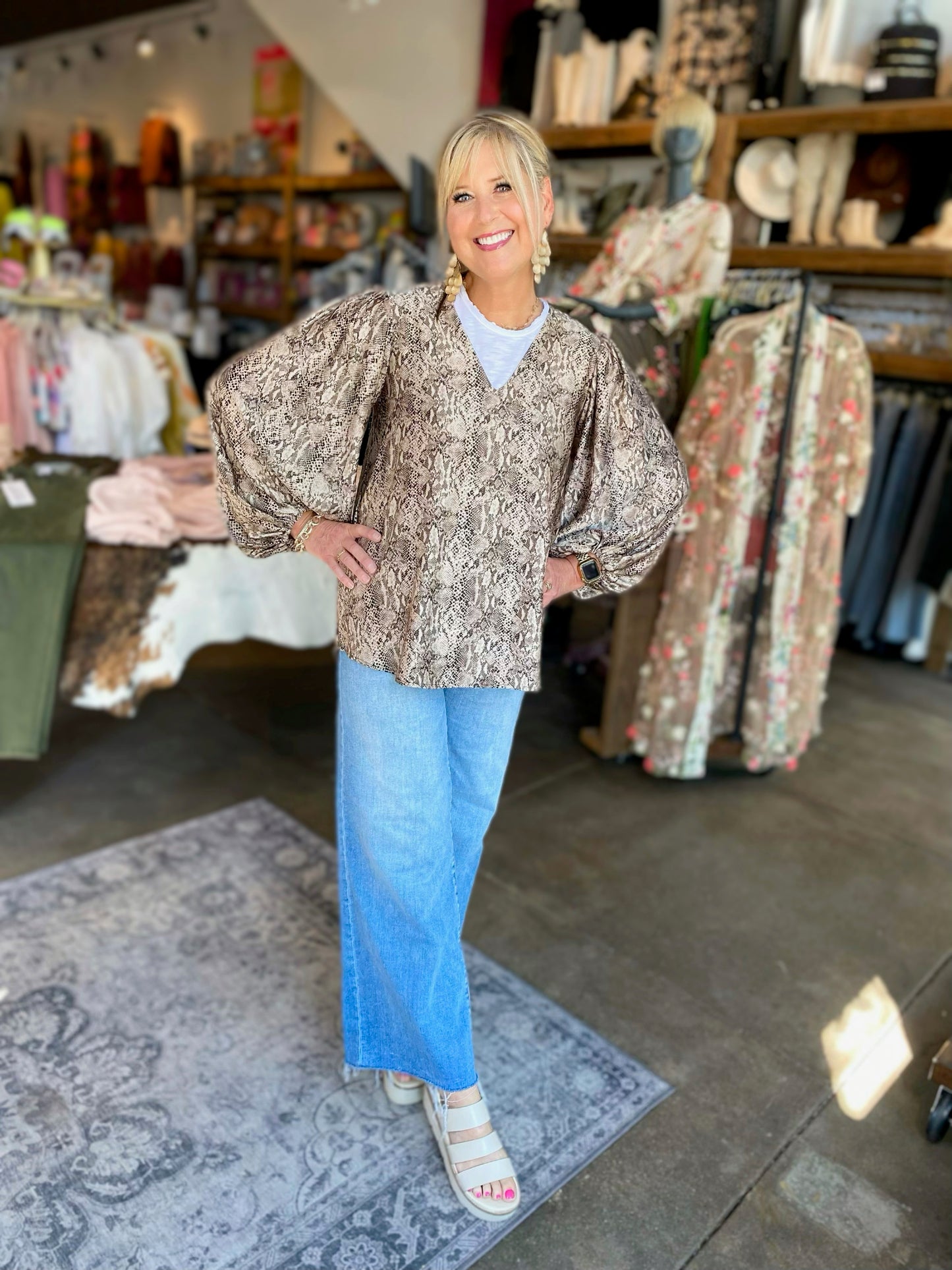 taupe/brown/black satin animal v neck bubble sleeve top