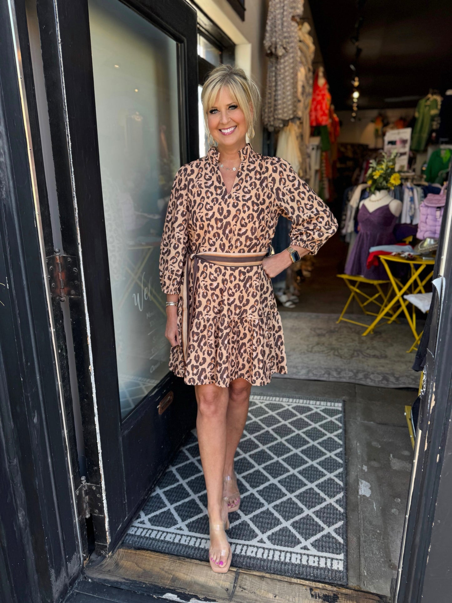 Joy Joy Brown Leopard Split Neck Flounce Dress
