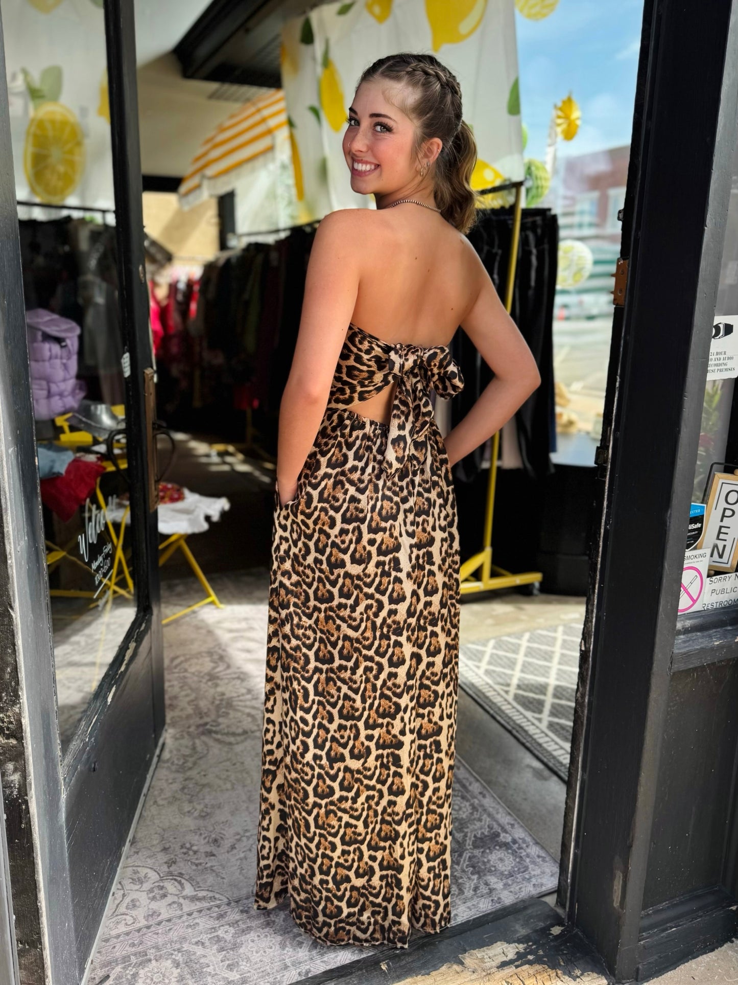 KLD A/S Strapless Animal Print Tie Back Jumpsuit
