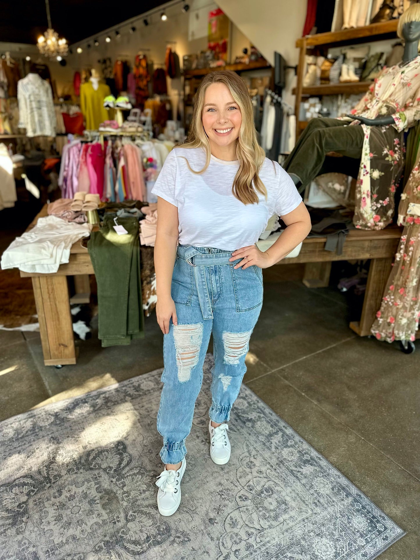 denim knit jean with distress