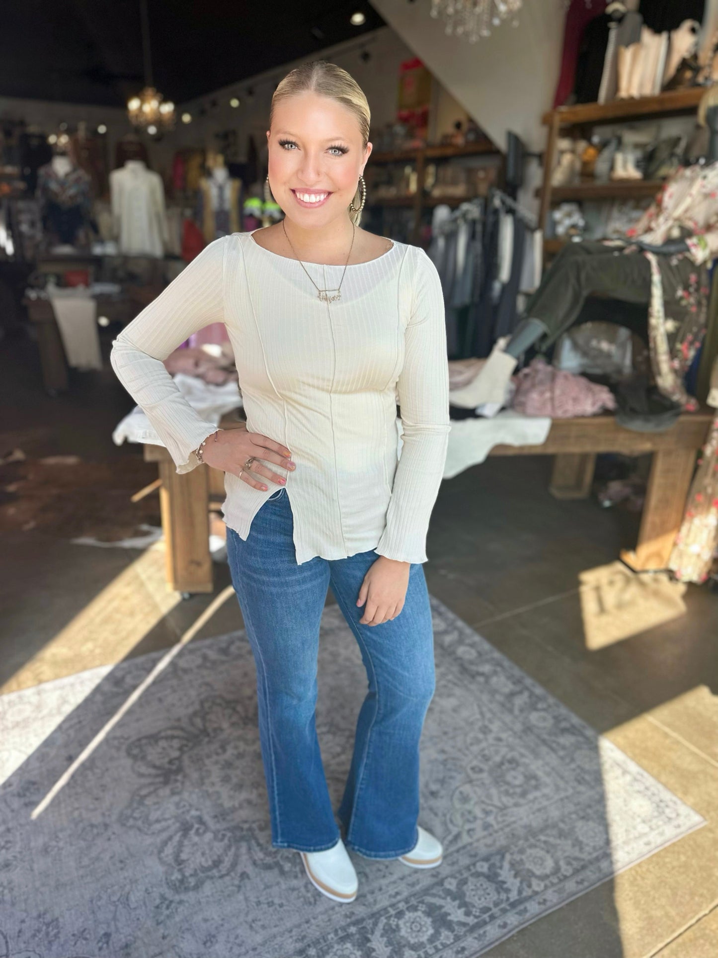 Bella Ecru Cream Boat Neck Bell Sleeve Top