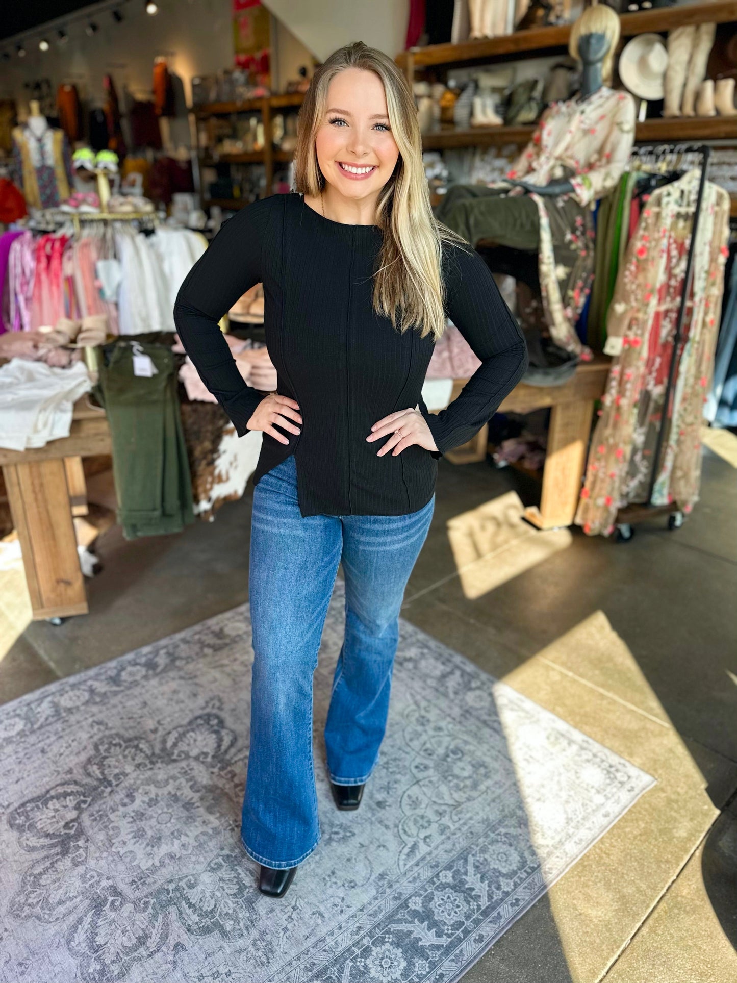 Bella Black Boat Neck Bell Sleeve Top