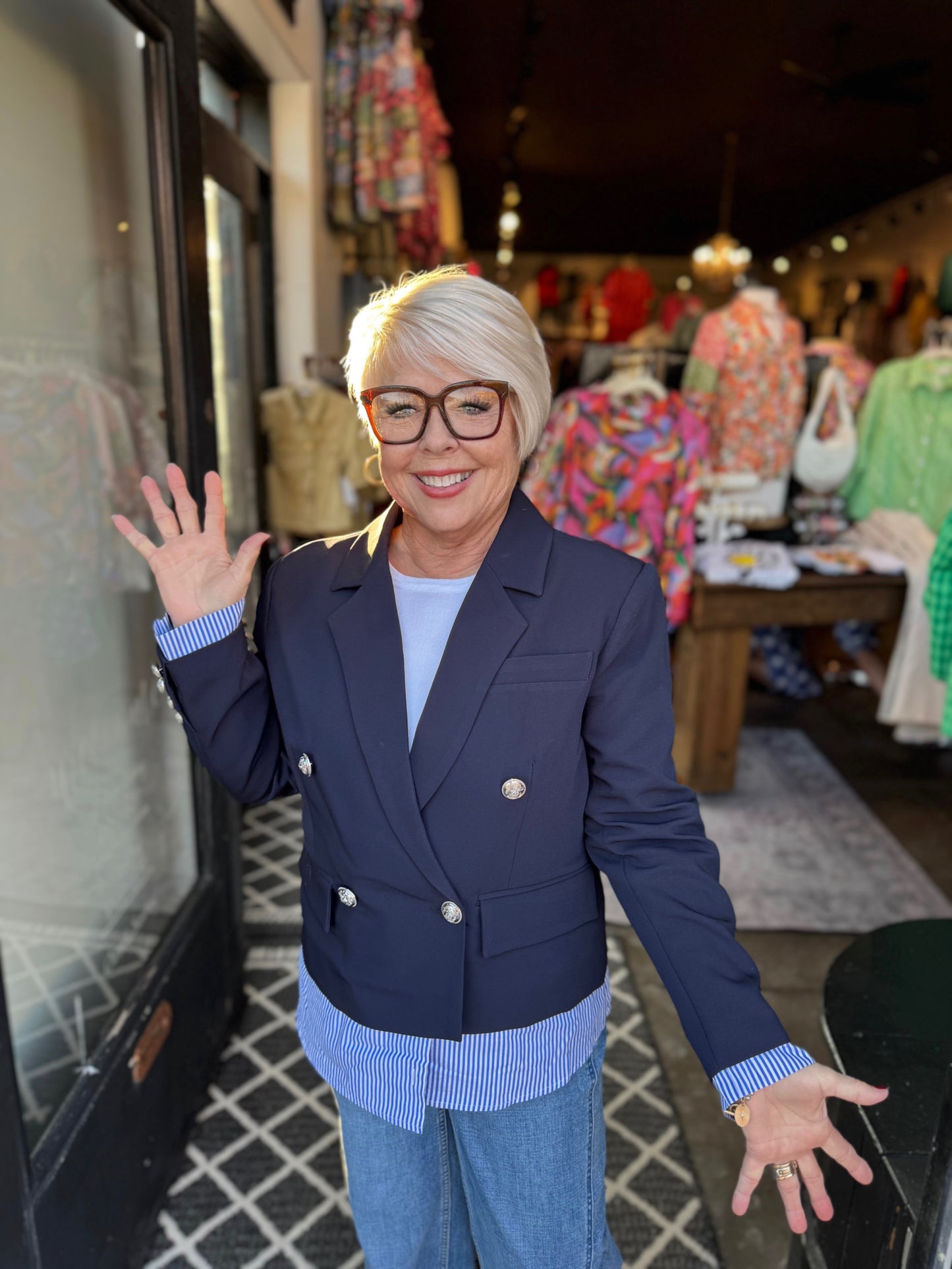 DolceCABO Navy W/ Shirt Striped DBL Breasted Blazer