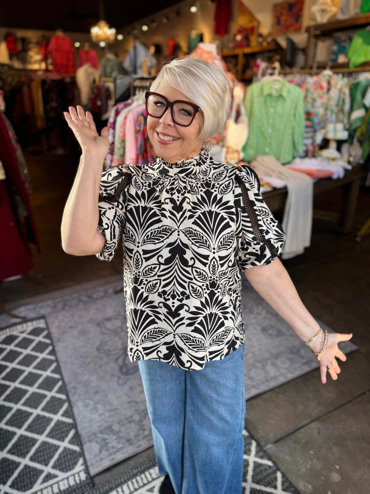 Joy Joy Black Ruffle Neck Top