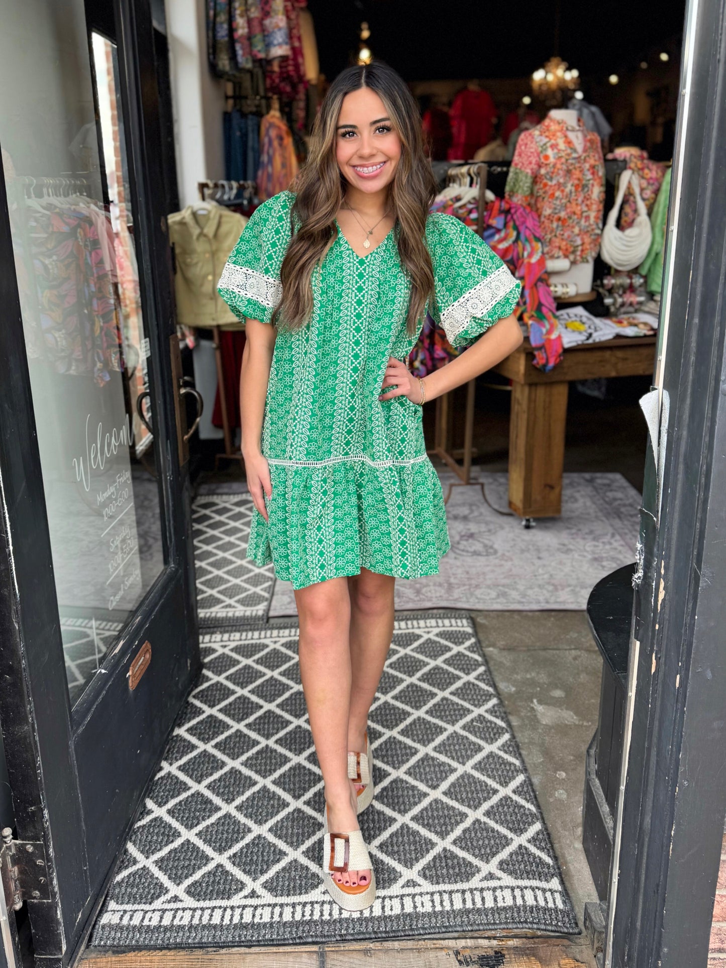 Joy Joy Green Stripe Eyelet Dress