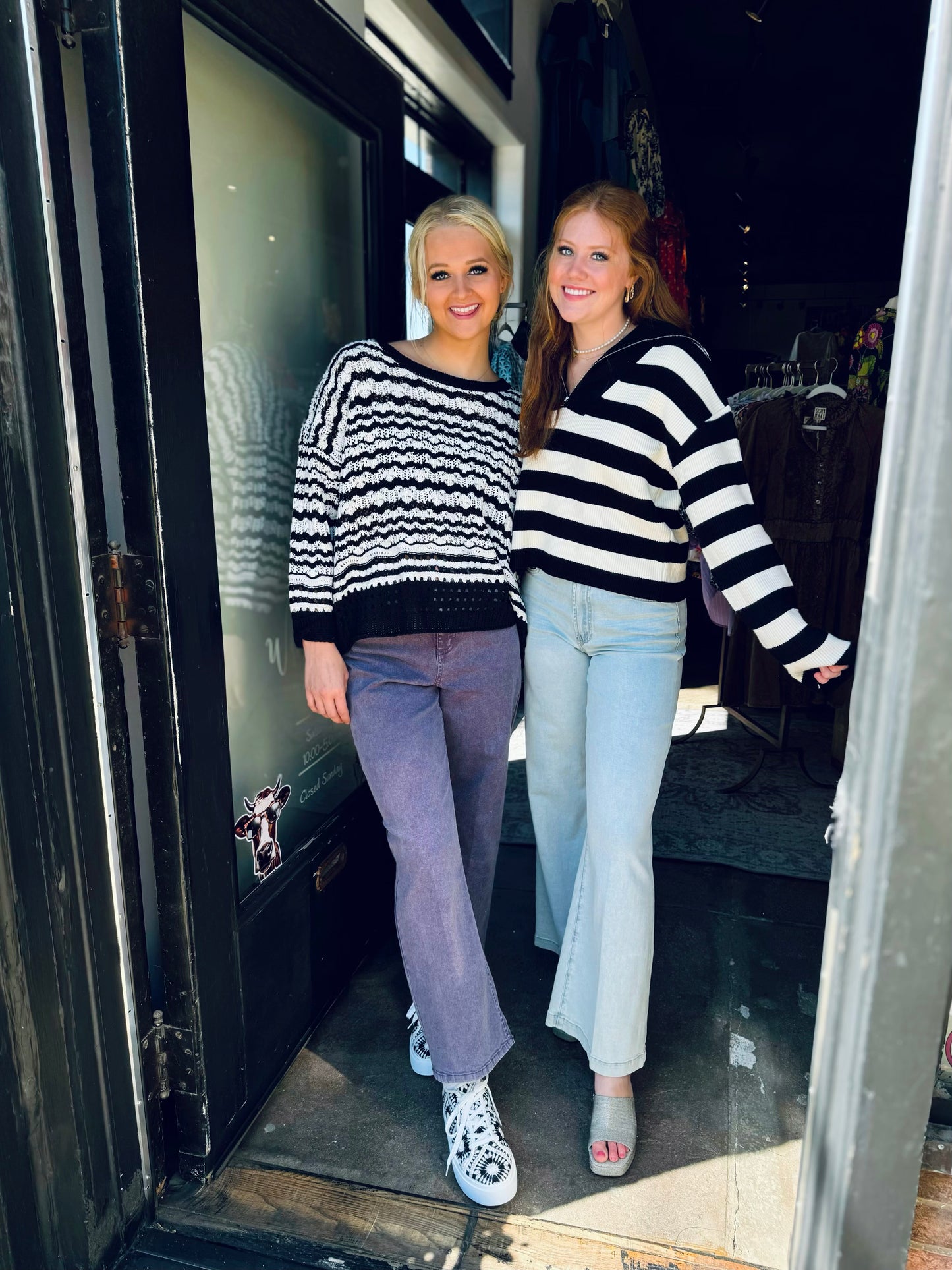 ENGLISH FACTORY Black/Ivory Striped half-zip sweater