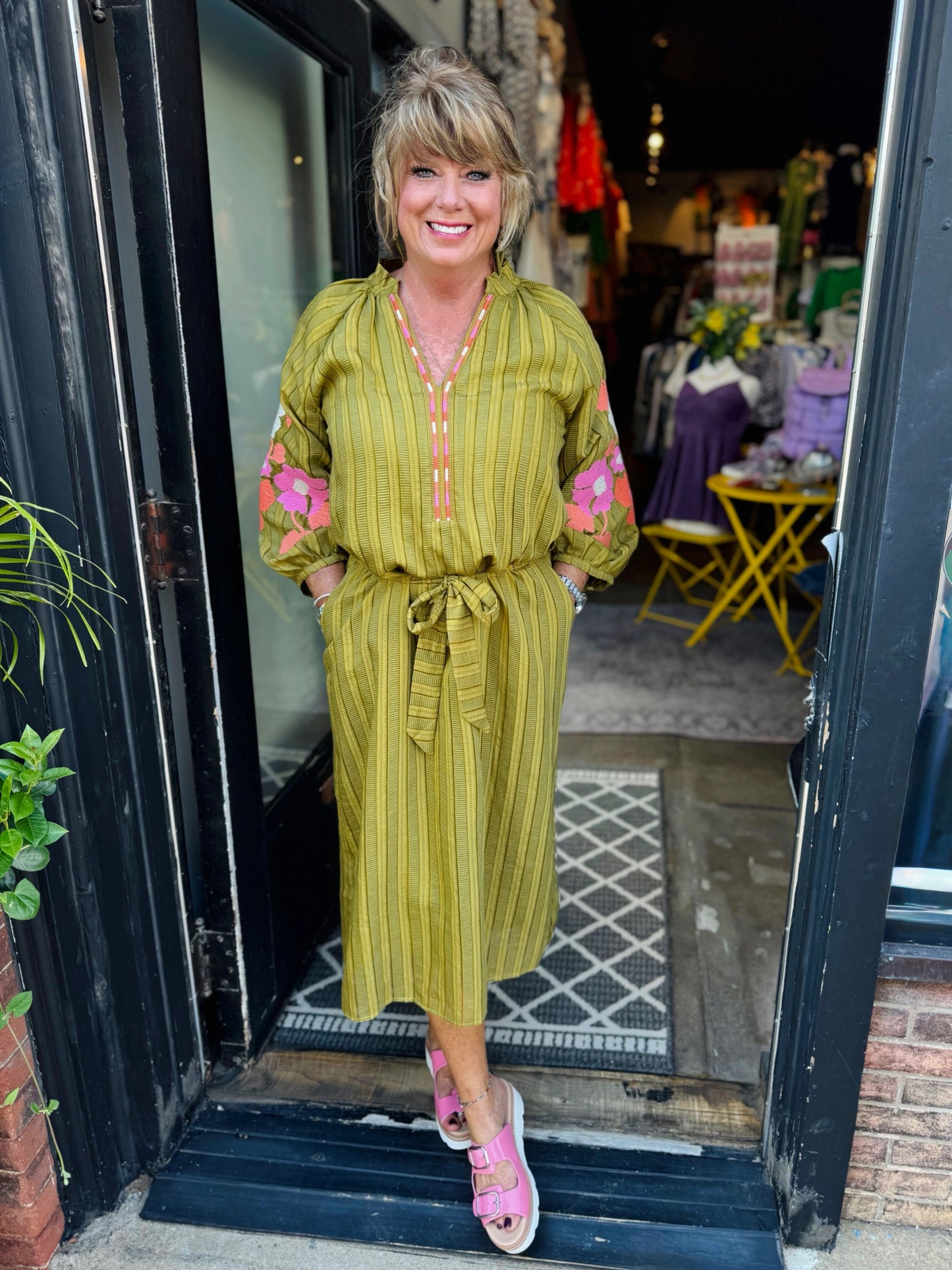 Olive Embroidered Puff Sleeve Textured Maxi Dress