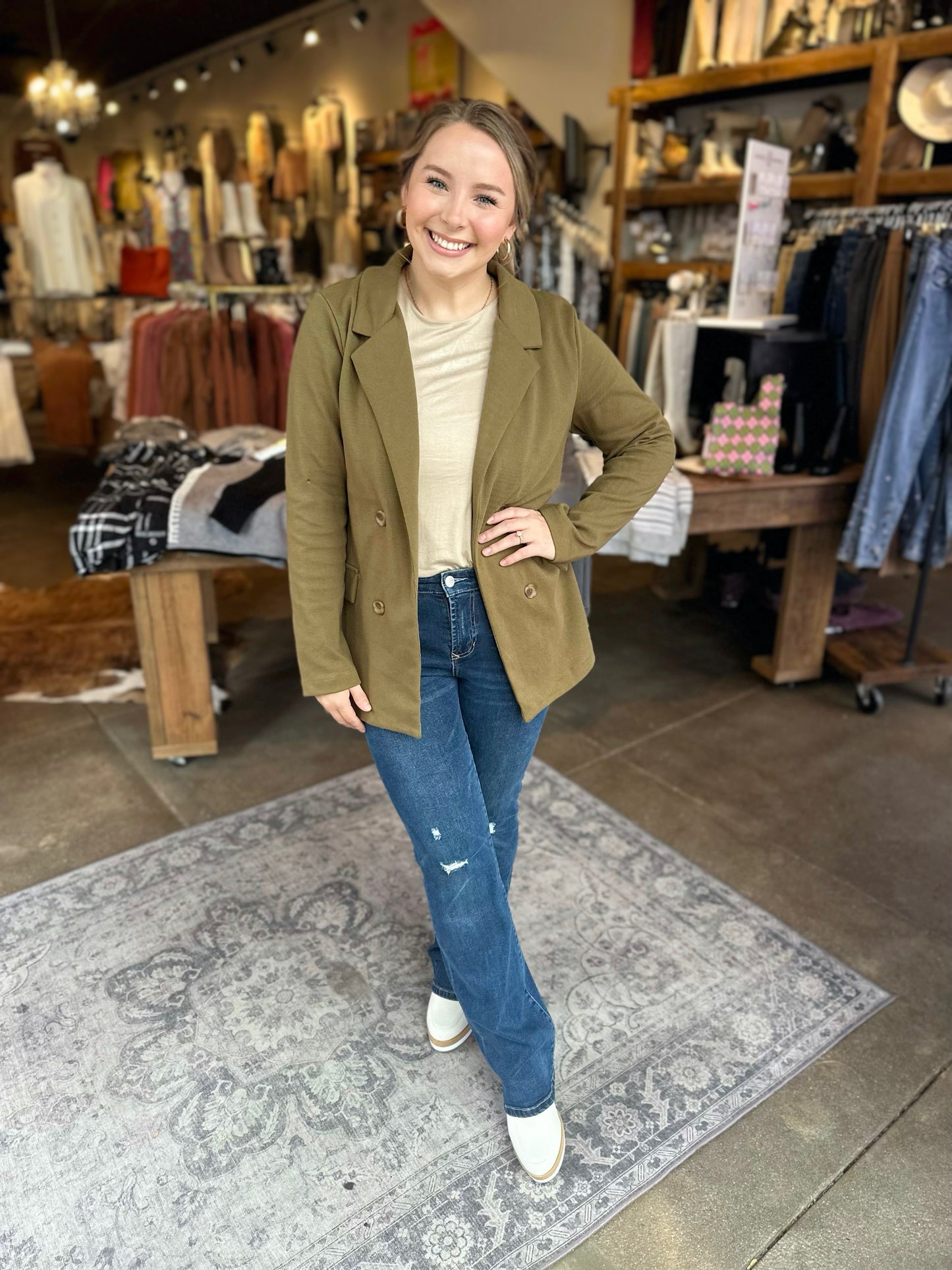 Cece Double Breasted Blazer in Warm Olive