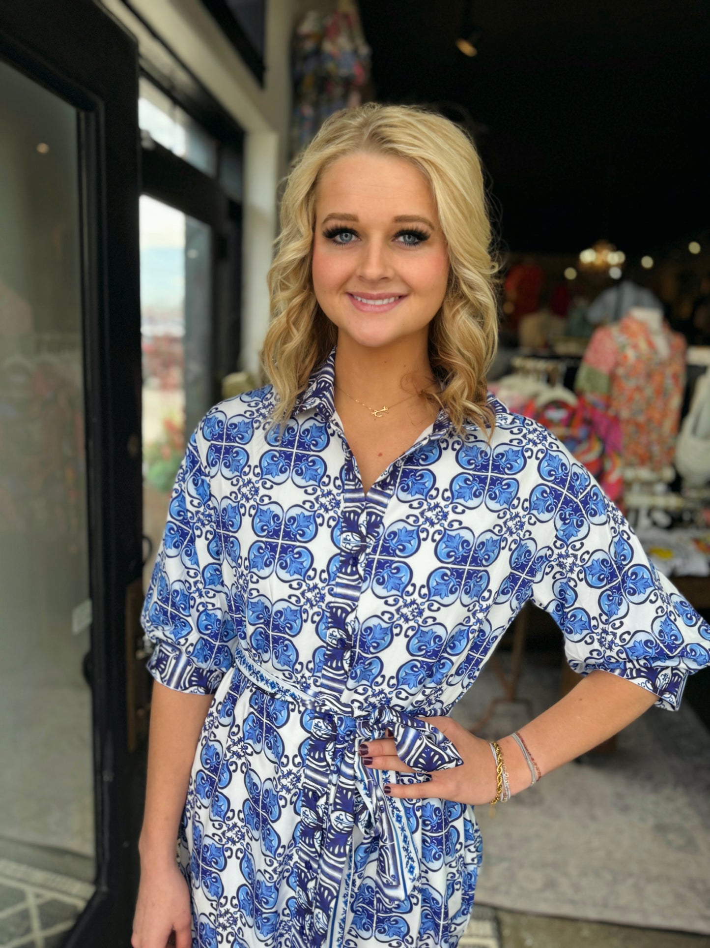 Jade Blue Damask Maxi Dress