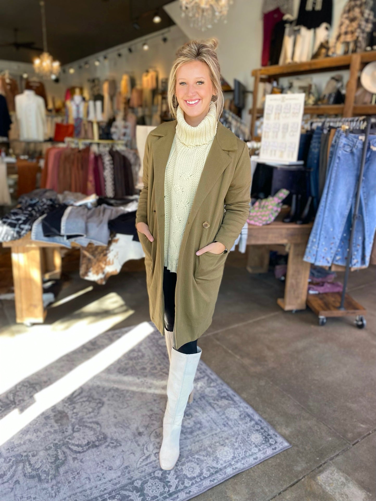 Cecelia Double Breast Pocket Coat in Warm Olive