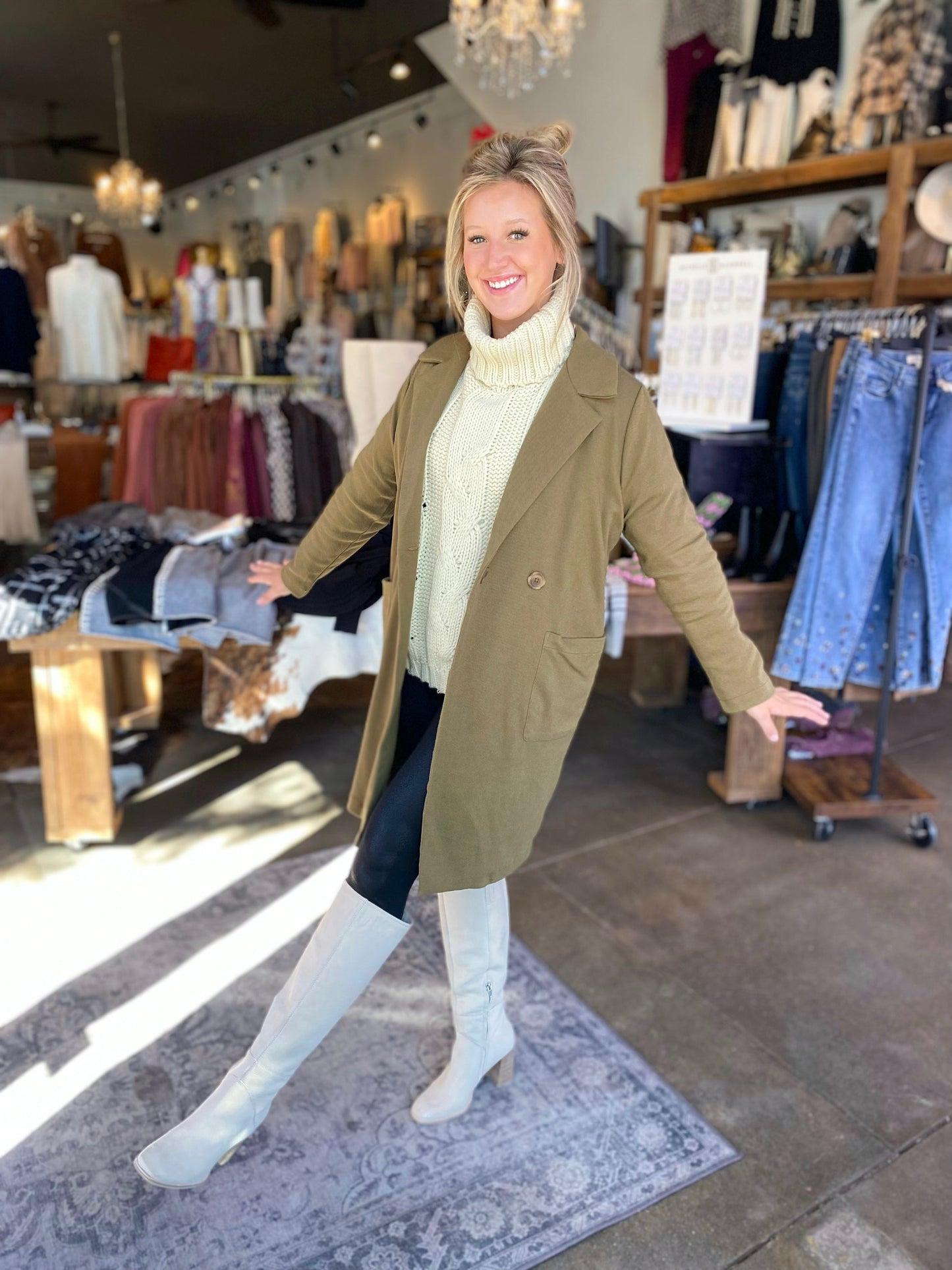 Cecelia Double Breast Pocket Coat in Warm Olive