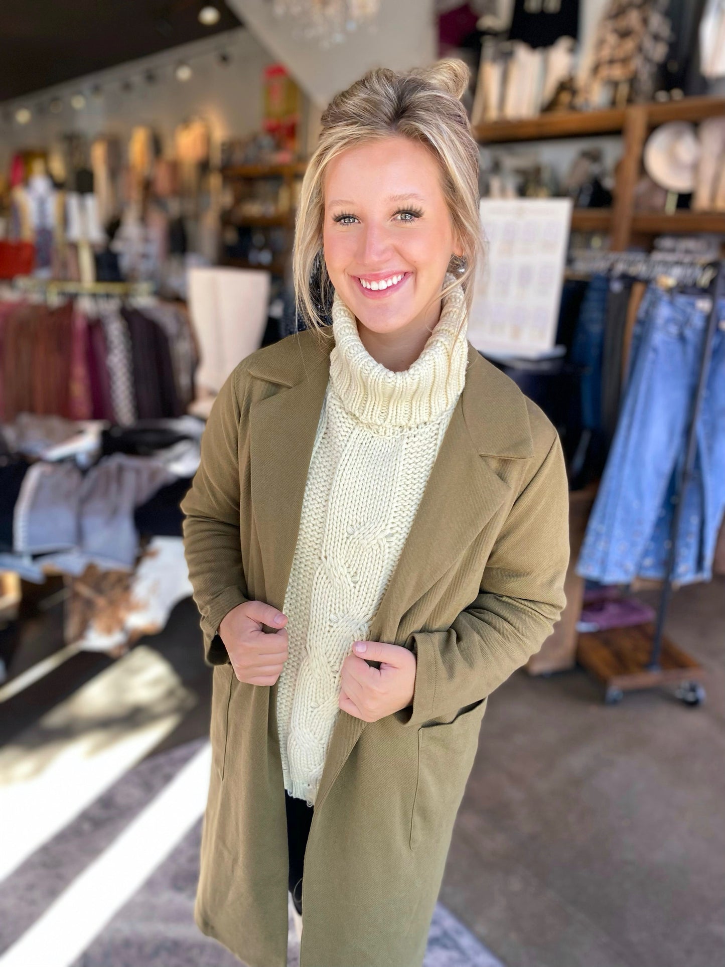 Cecelia Double Breast Pocket Coat in Warm Olive