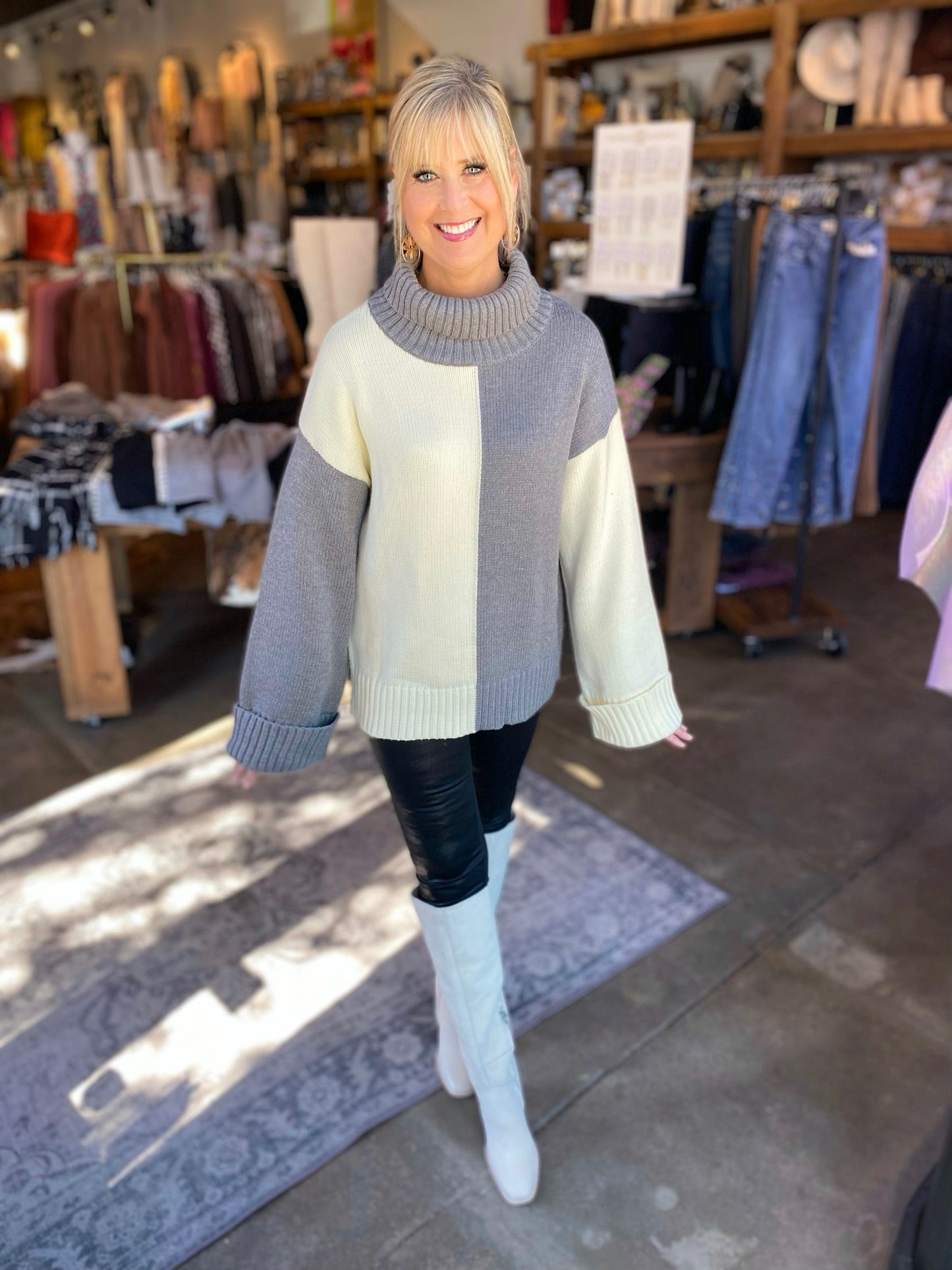Dear Fall... Heather Grey Color Block Cowl Neck Knit Sweater