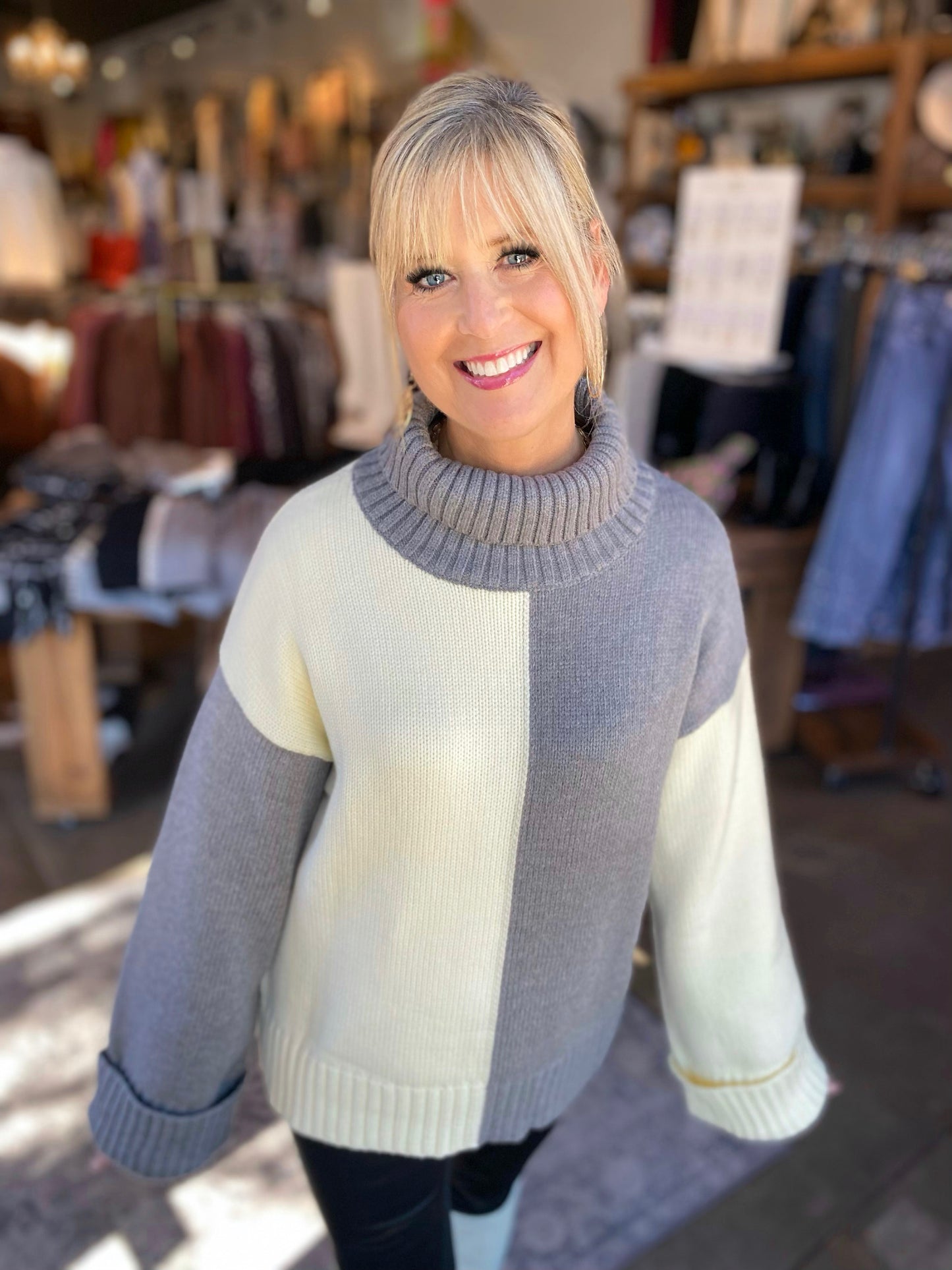 Dear Fall... Heather Grey Color Block Cowl Neck Knit Sweater