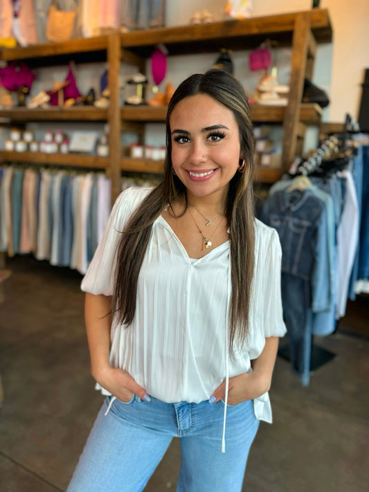 White Pleated Puff Sleeve Ruffled Blouse