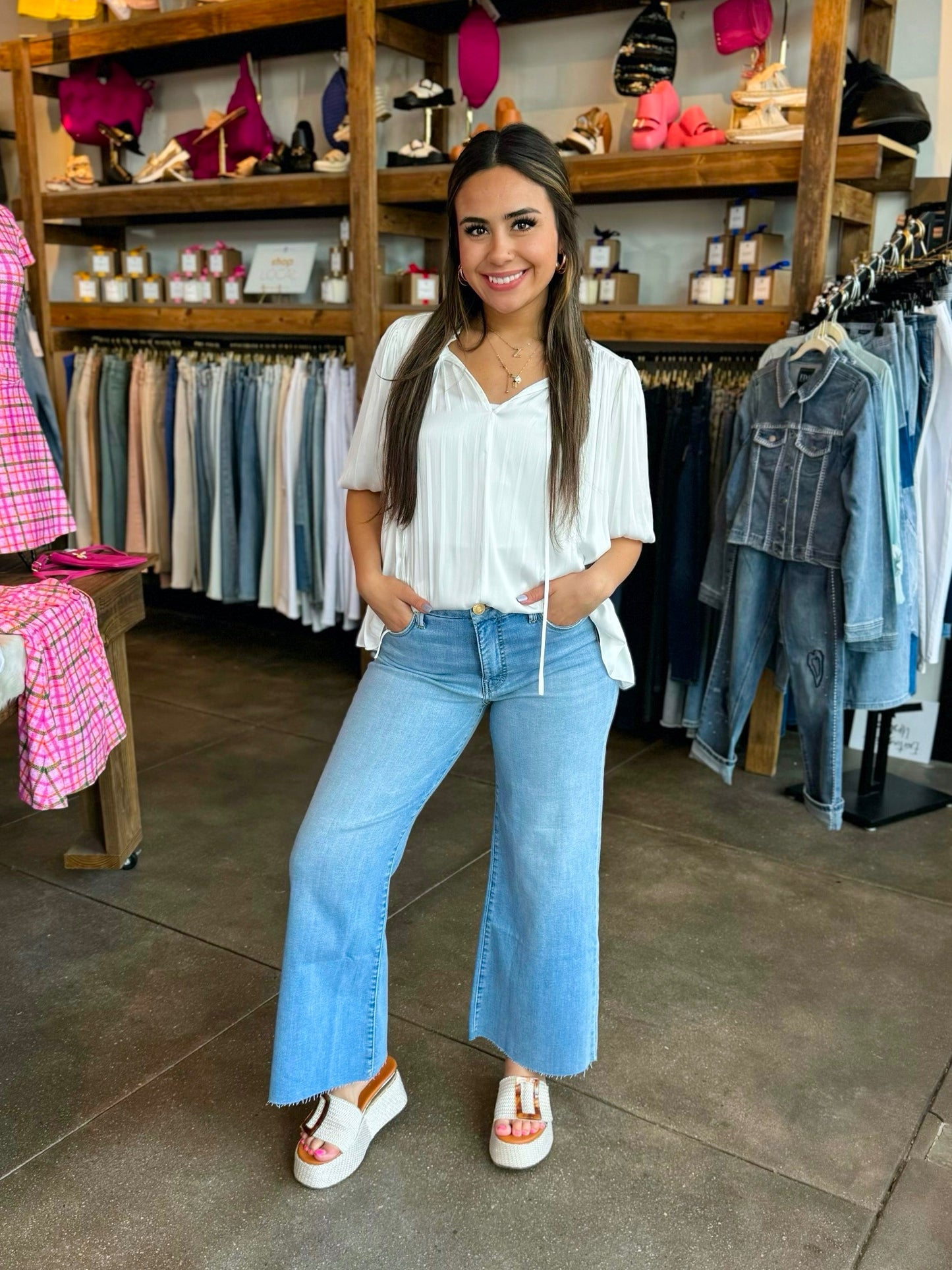 White Pleated Puff Sleeve Ruffled Blouse