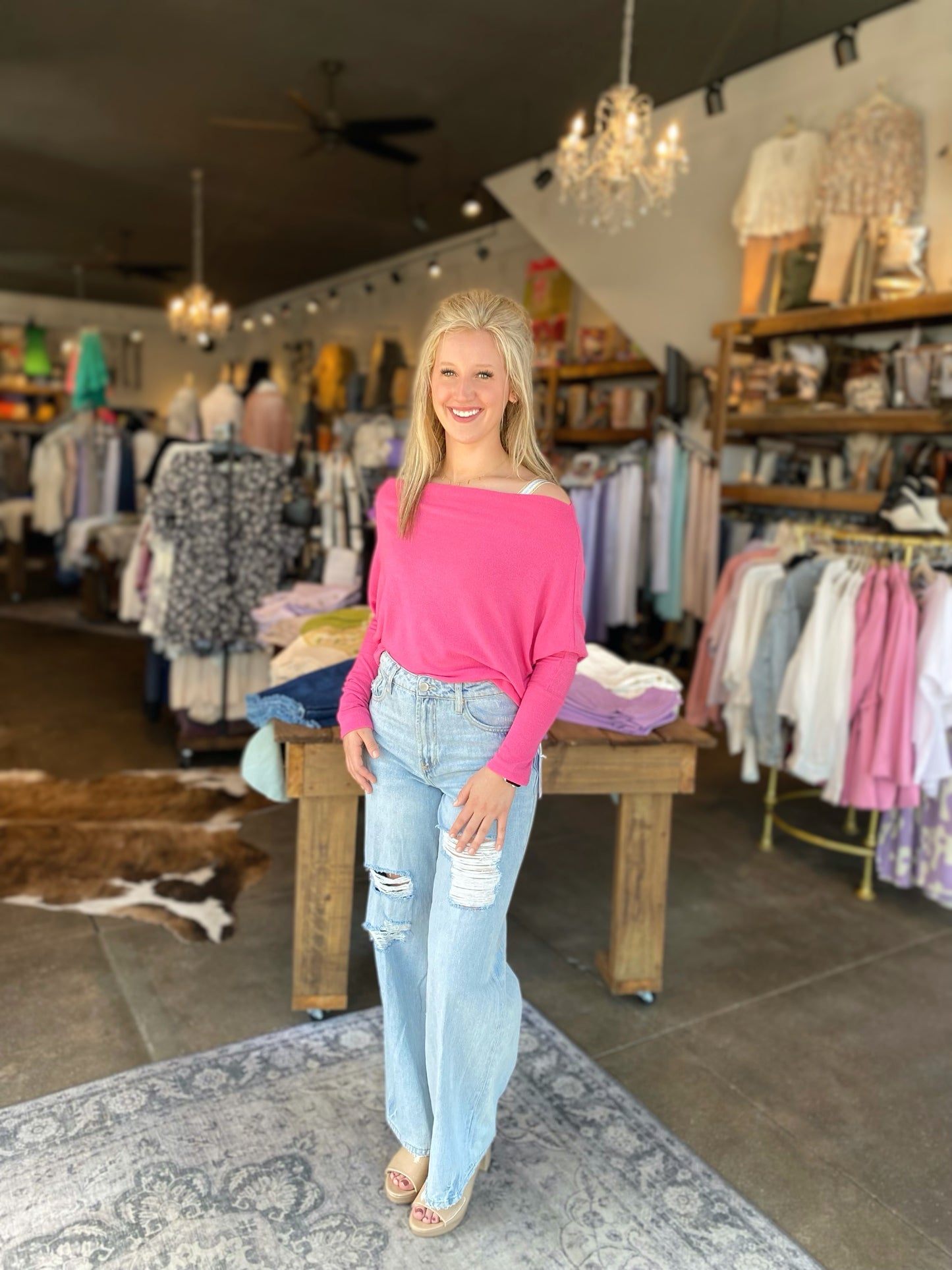 Punch Pink off the shoulder top