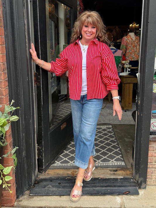English Factory Red White Stripe Balloon Sleeve Shirt