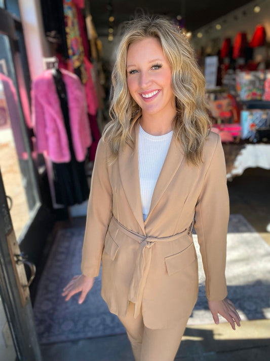 camel jacket tie front belt