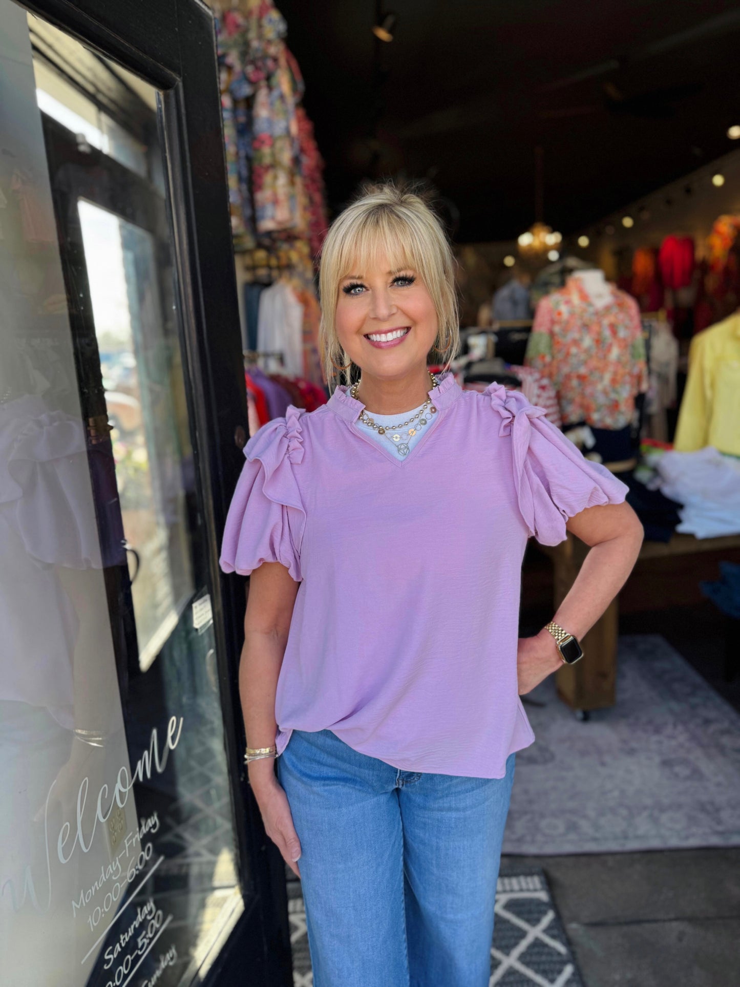 Ivy Jane Orchid Ruffle Collar Top W/ Flounce Bubble Sleeve