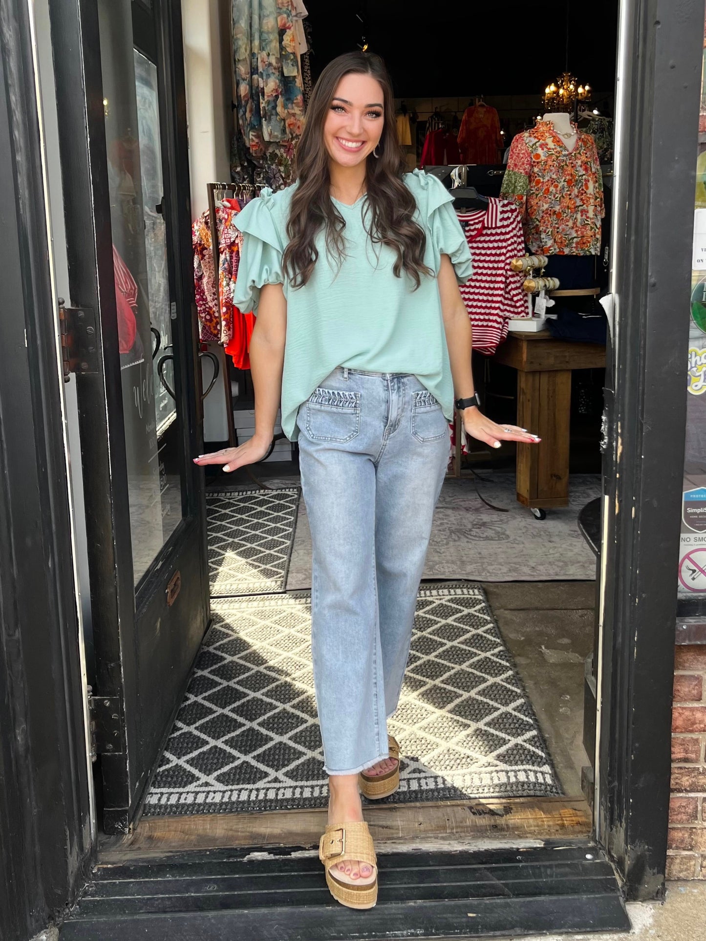 Ivy Jane Mint Ruffle Collar Top W/ Flounce Bubble Sleeve