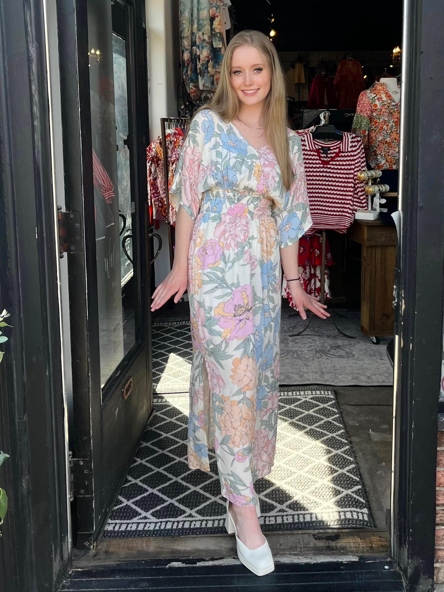 Charlie B Dahlia Printed Dolman Short Sleeves Maxi Dress With Side Slits