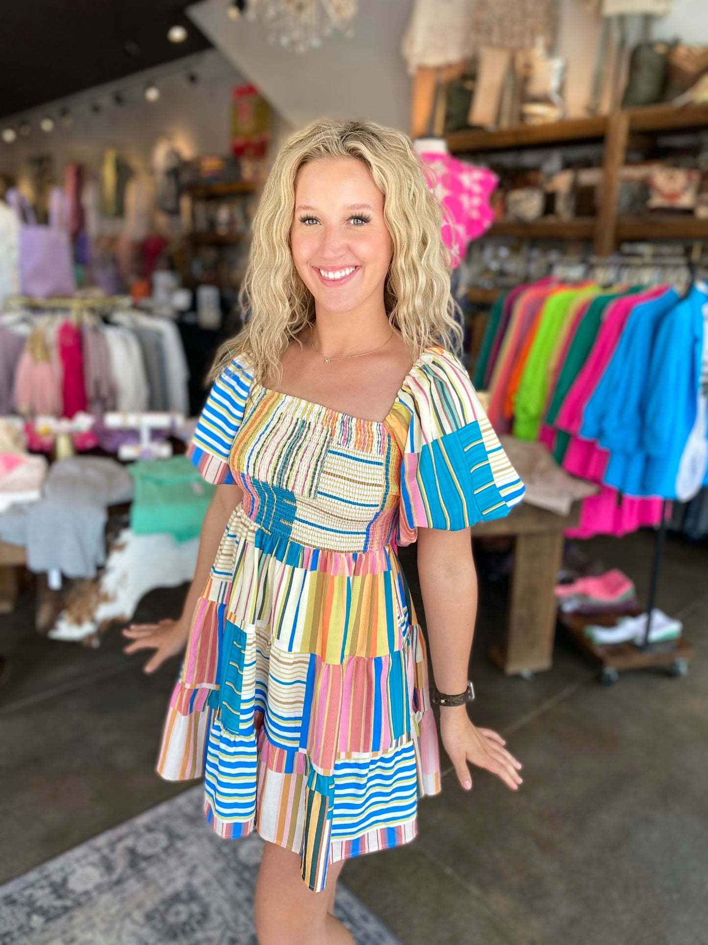 Happy Colors Smocked puff sleeve dress