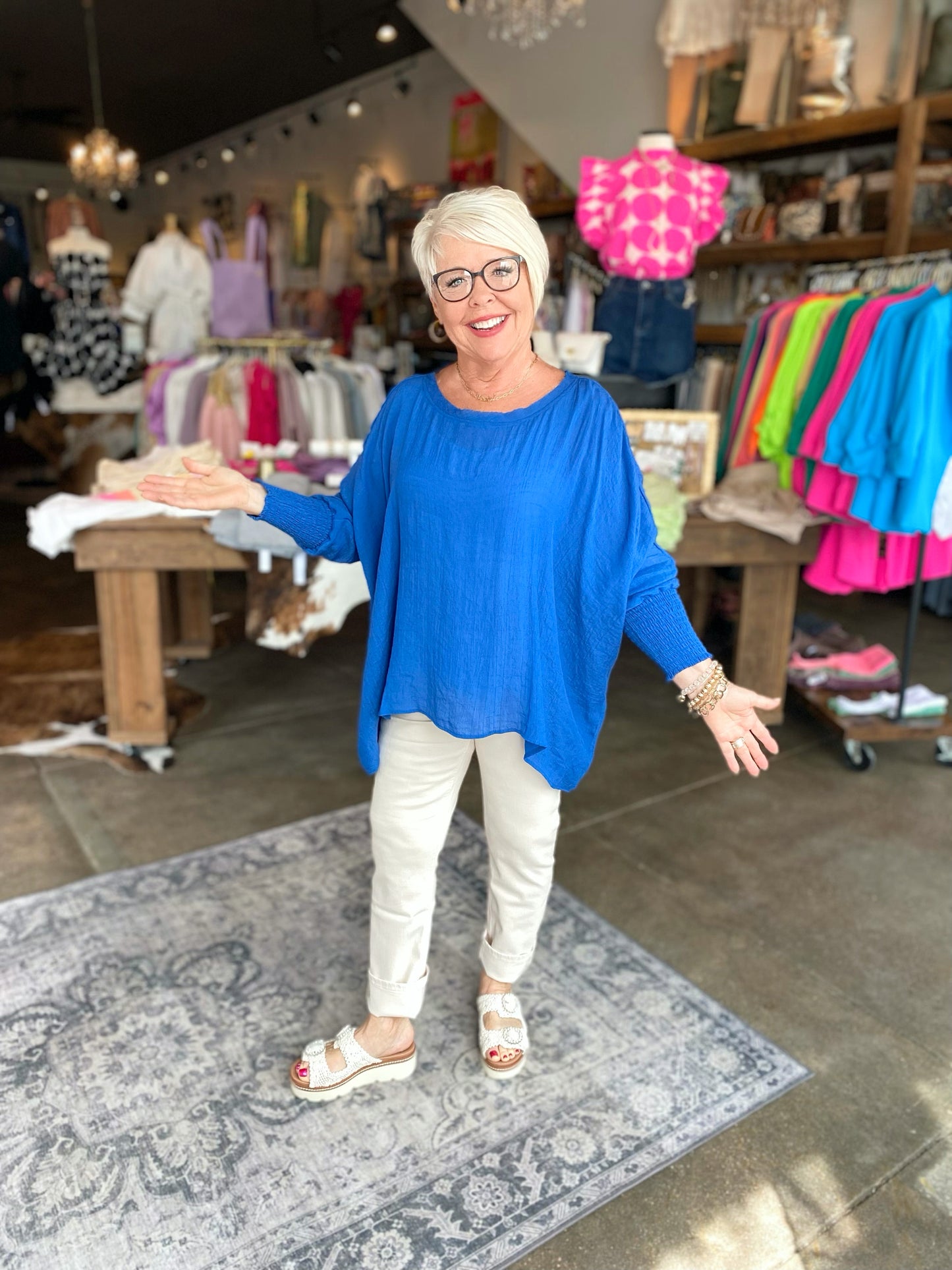 Blue Oversized Smocked Sleeve Blouse