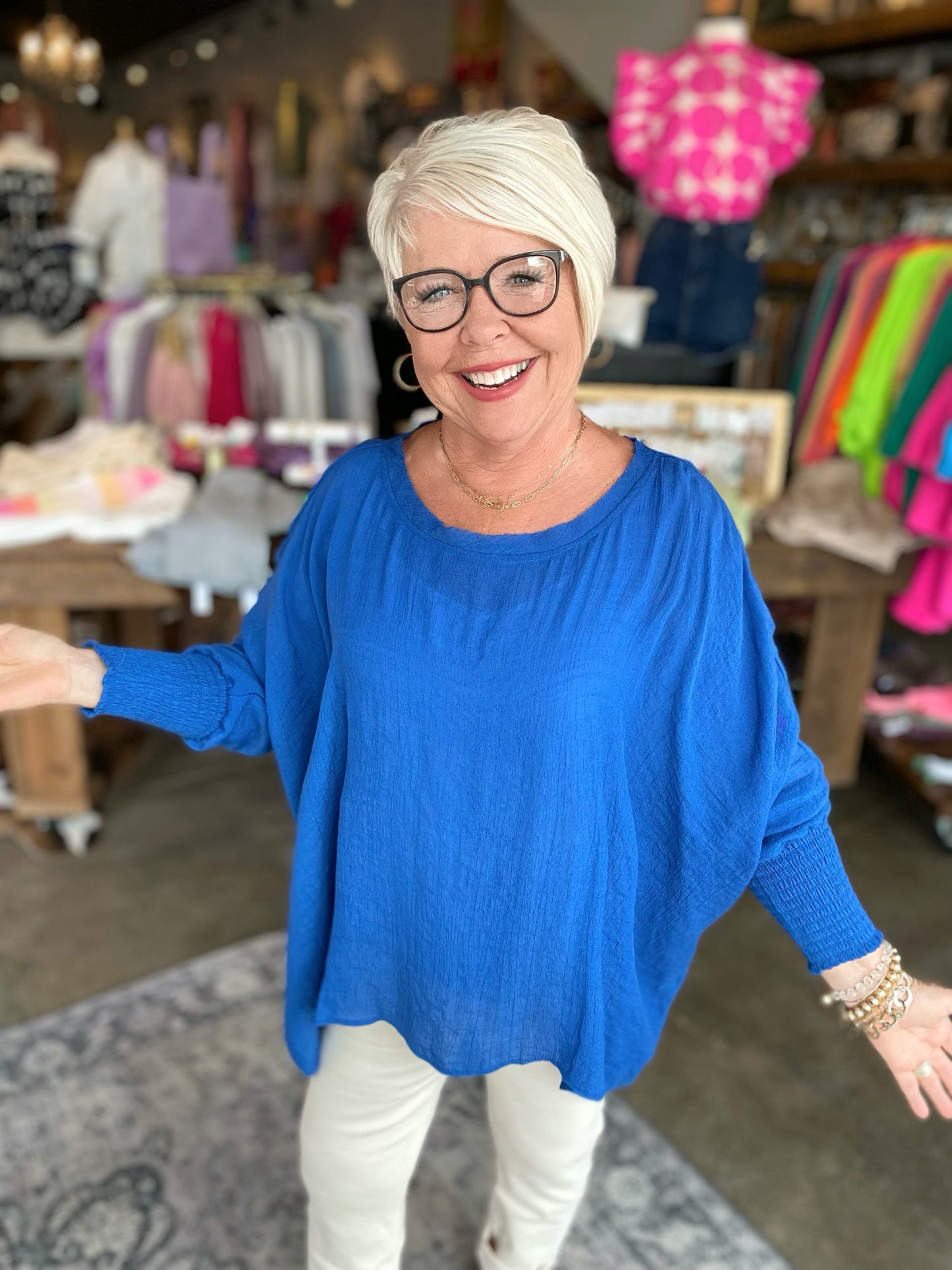 Blue Oversized Smocked Sleeve Blouse
